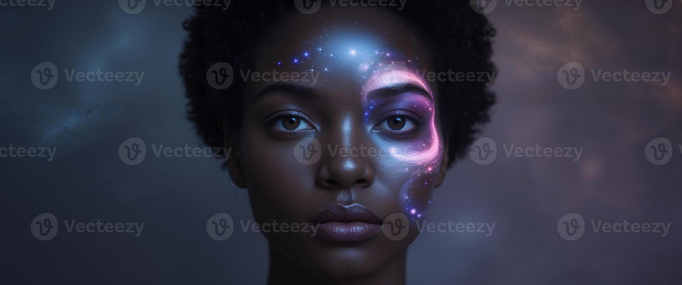 A woman with a face painted with stars and planets photo