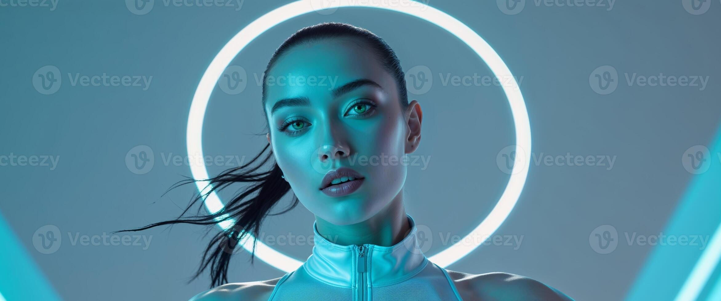 A woman in a futuristic outfit with a ring around her head photo