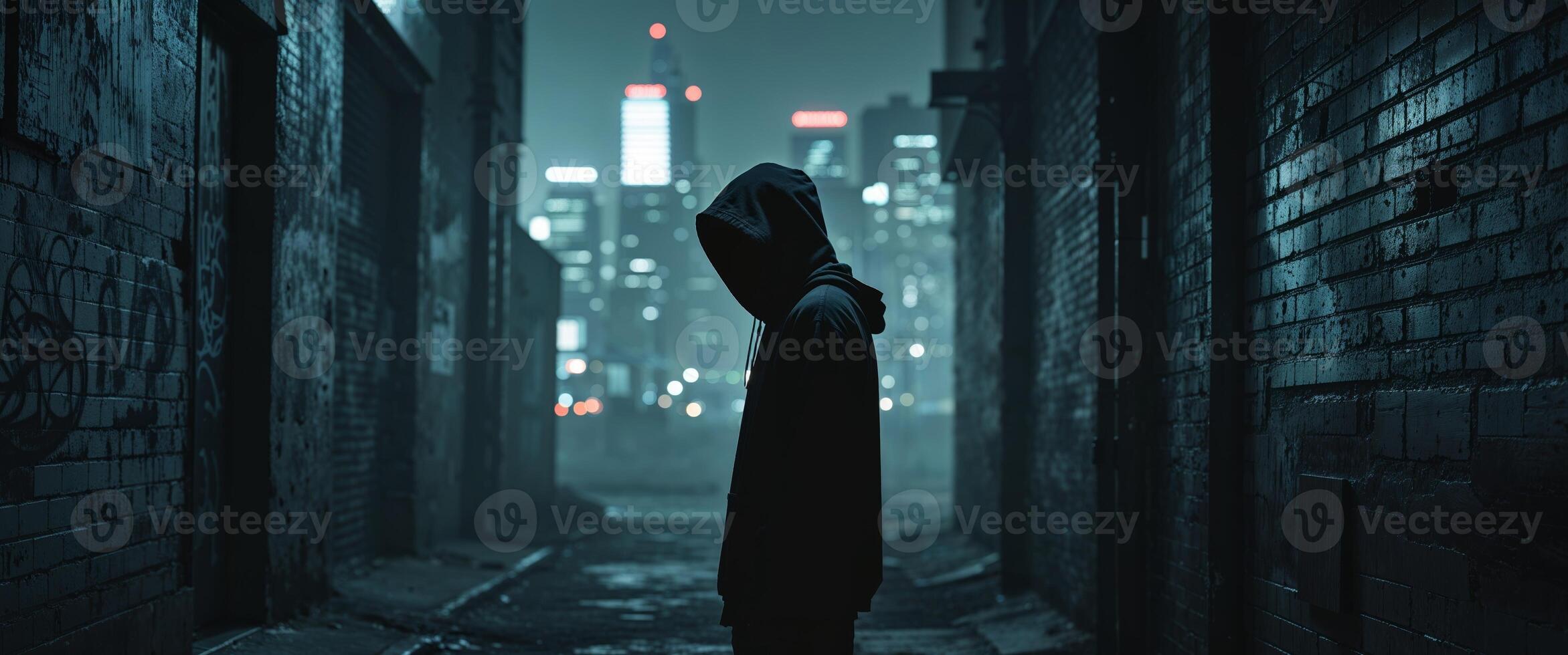 A Mysterious Figure in a Dark Alleyway A Suspenseful Nighttime Scene in a Grim Urban Setting photo