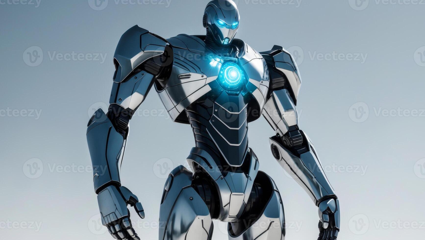 Futuristic Robot in Combat Armor with Glowing Energy Core. photo