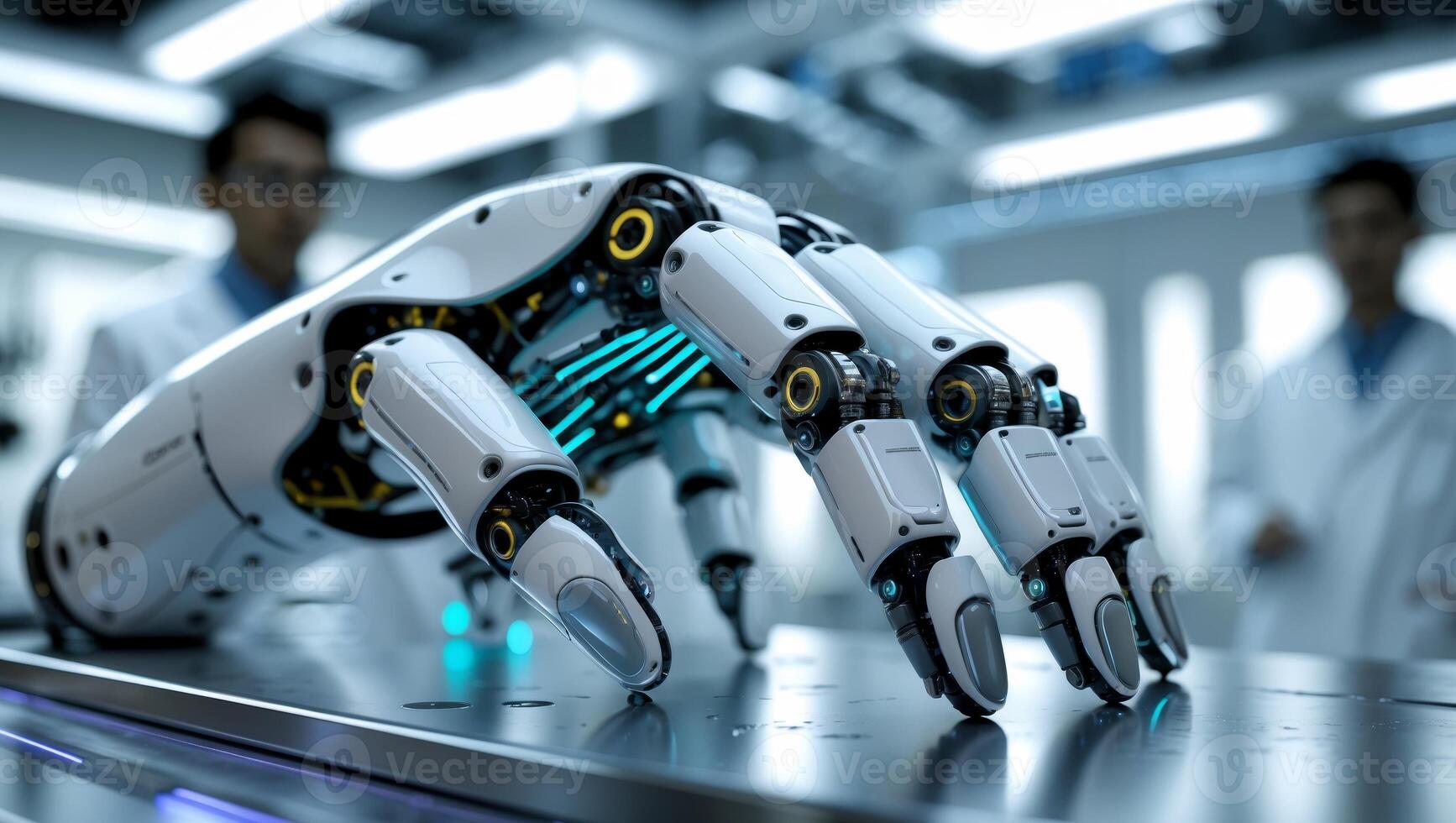 Innovative robotic hand showcasing advanced technology in a futuristic laboratory environment photo