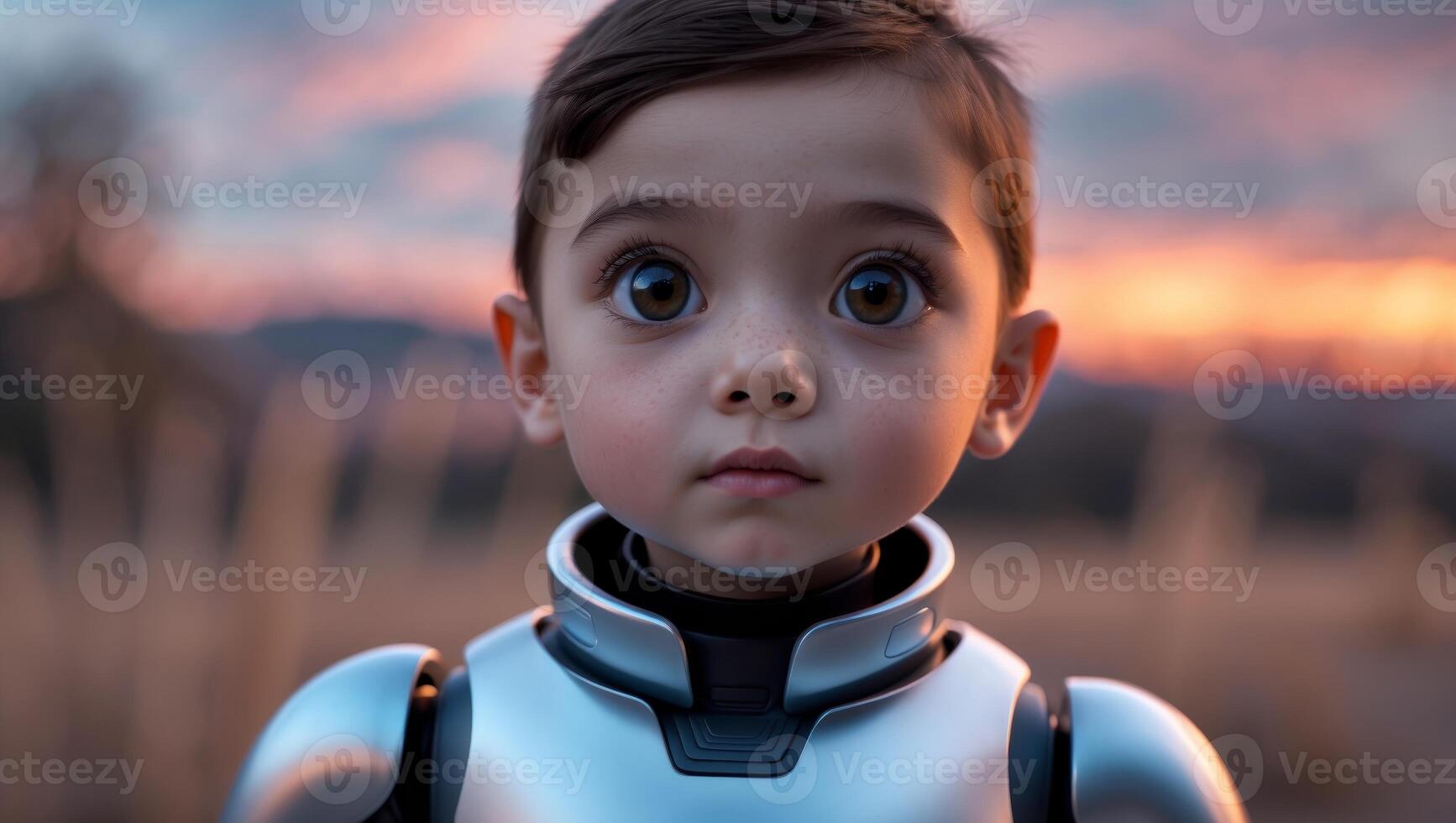 Child in futuristic robotic suit gazes thoughtfully during sunset in a serene outdoor setting photo