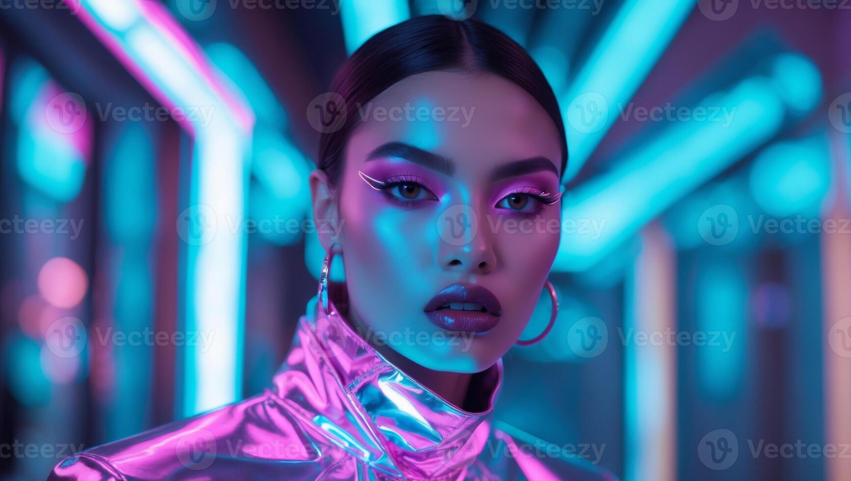 A bold fashion statement under dynamic neon lighting photo