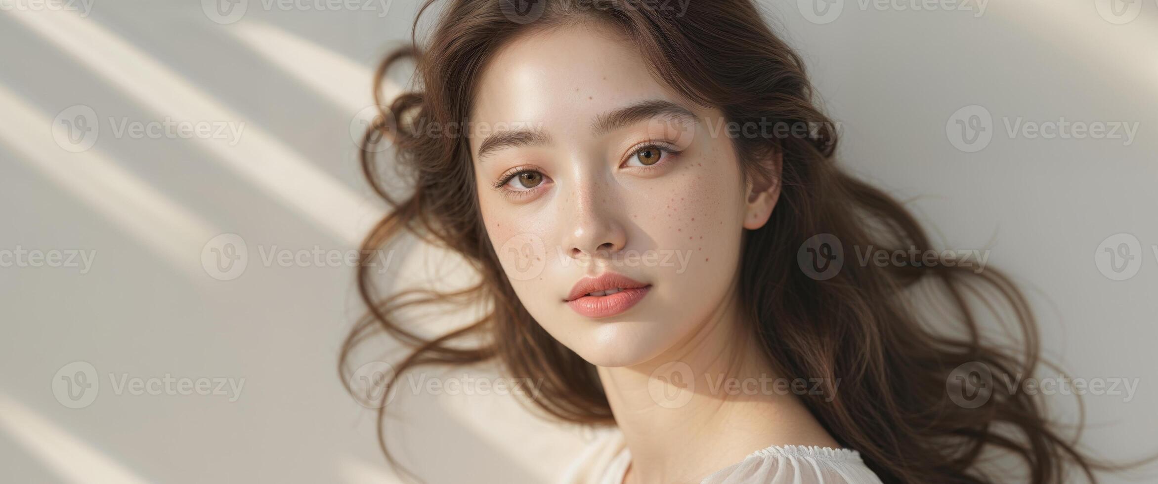 Natural beauty with freckles in soft lighting capturing serene expression and delicate features photo