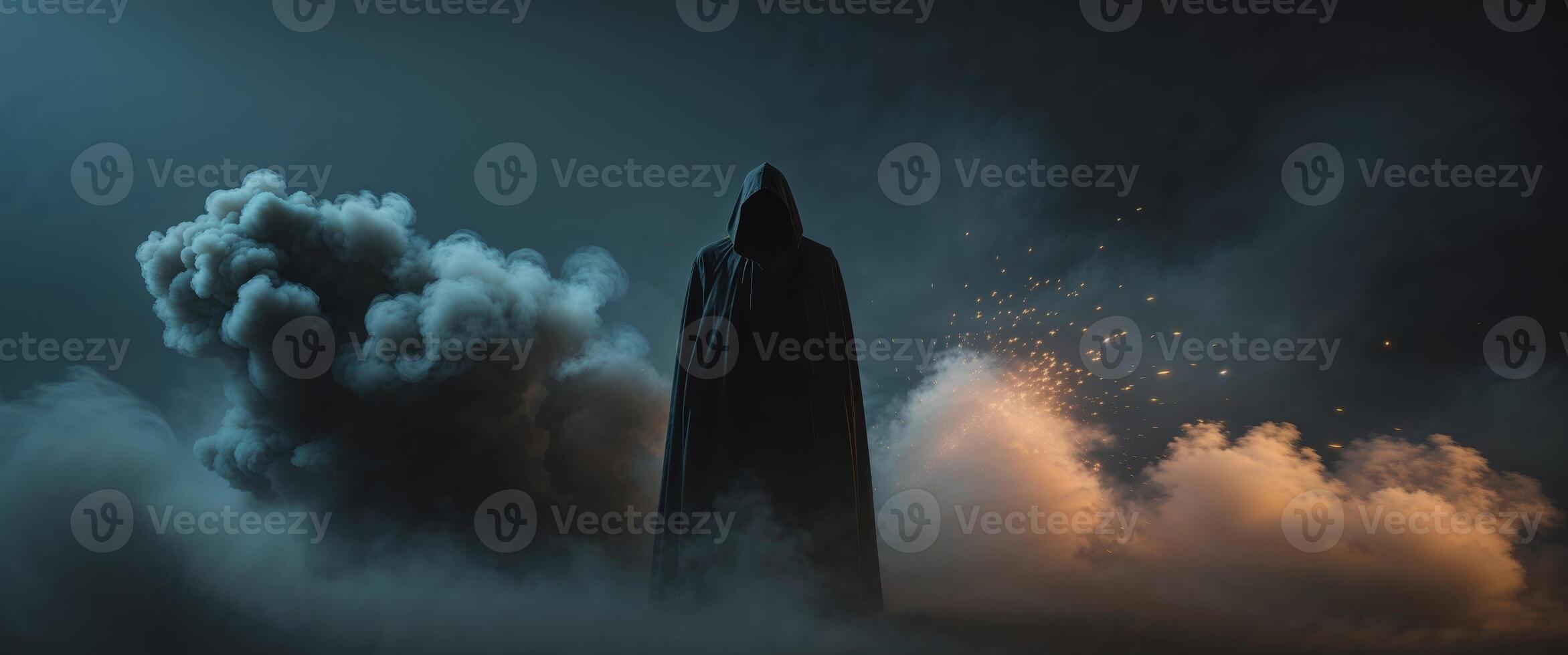 Mysterious figure in a dark setting with smoke and dramatic light effects during a late evening event. photo