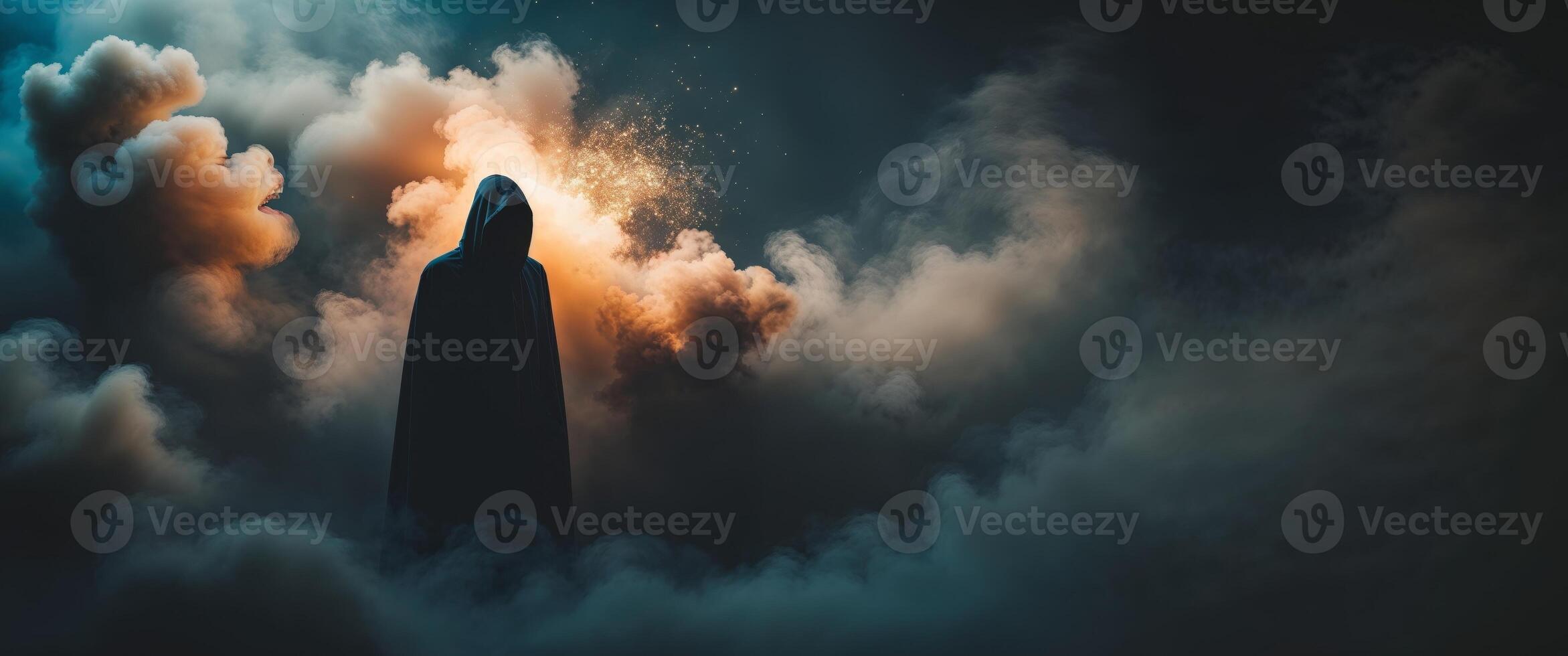 Mysterious figure in a dark setting with smoke and dramatic light effects during a late evening event photo