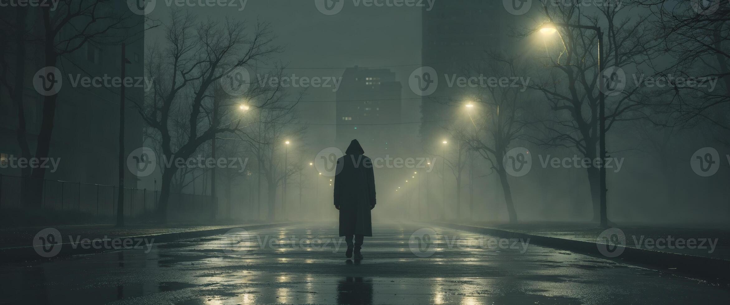 Mysterious Figure Walking Alone on a Dark Wet Street Surrounded by Fog and Dim Streetlights in a Gloomy Urban Setting at Night photo