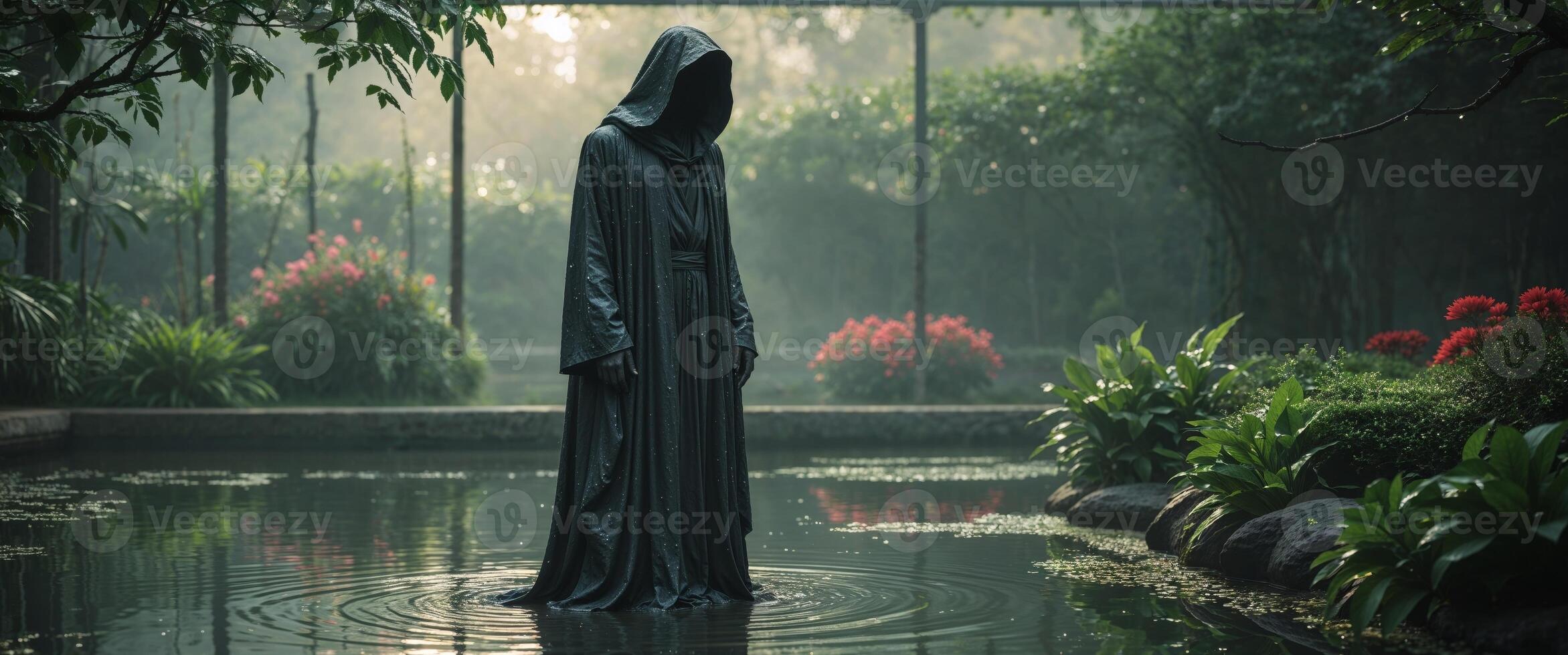Mysterious figure in dark attire stands near serene pond in a lush indoor garden setting during early morning light photo