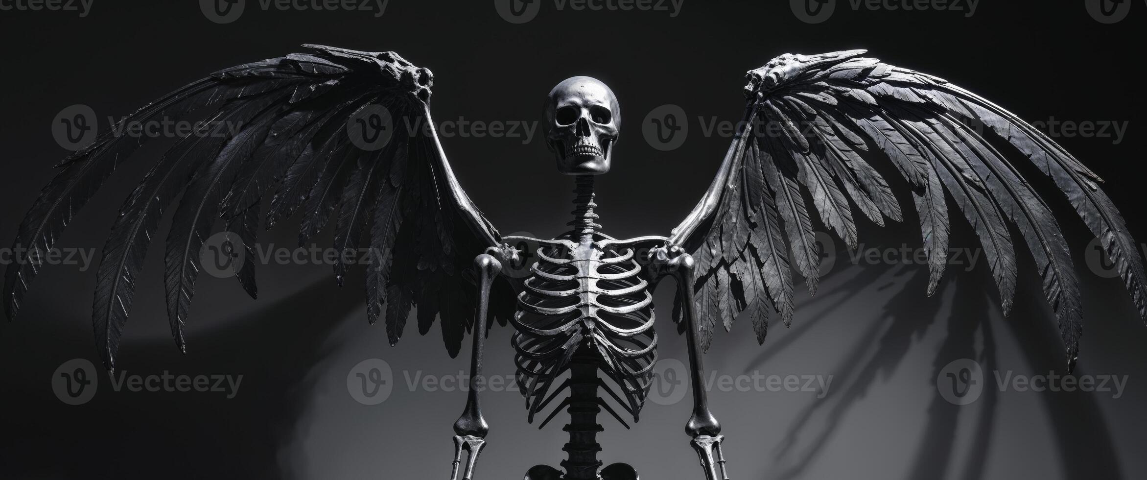 Metallic skeleton sculpture with wings in dark setting. photo
