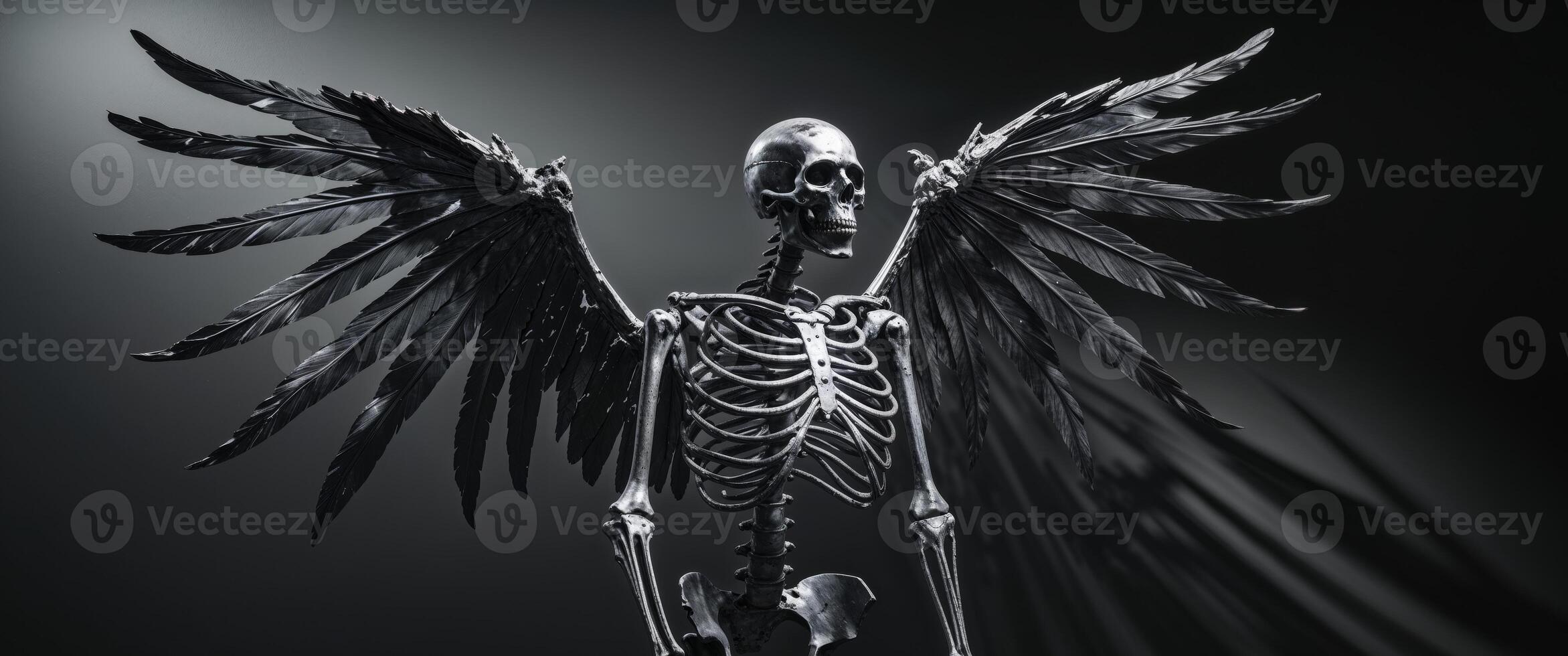Metallic skeleton sculpture with wings in dark setting photo