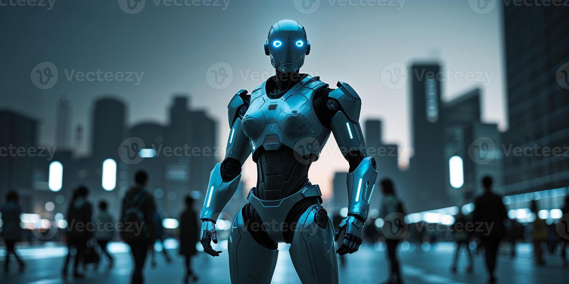 A robot standing in front of a city at night photo