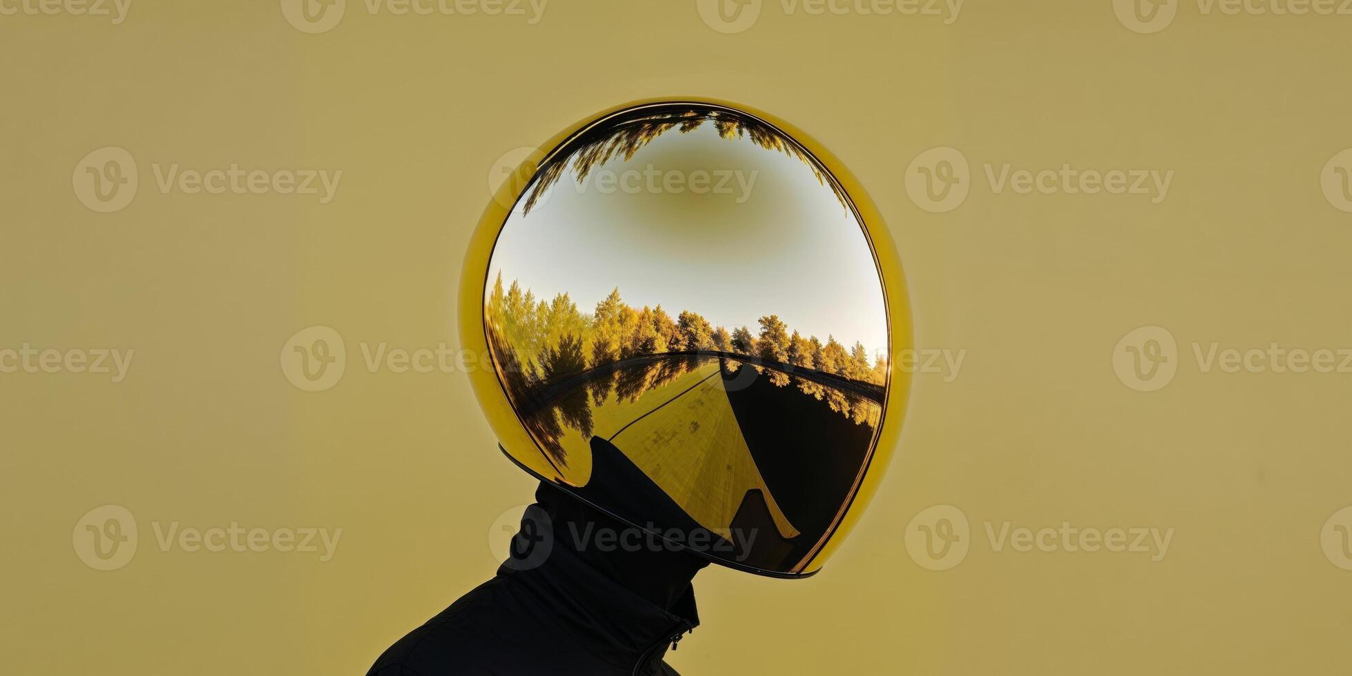 A man wearing a helmet with a reflection of a tree photo