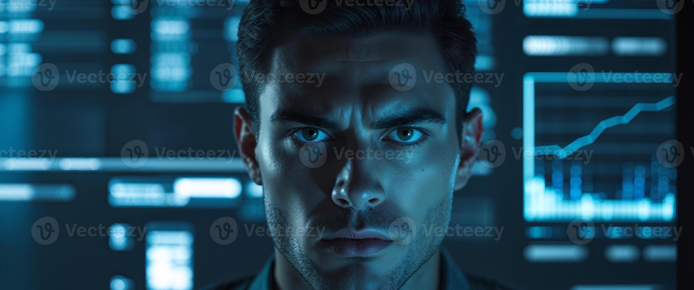 A man staring into the camera with a computer screen behind him photo
