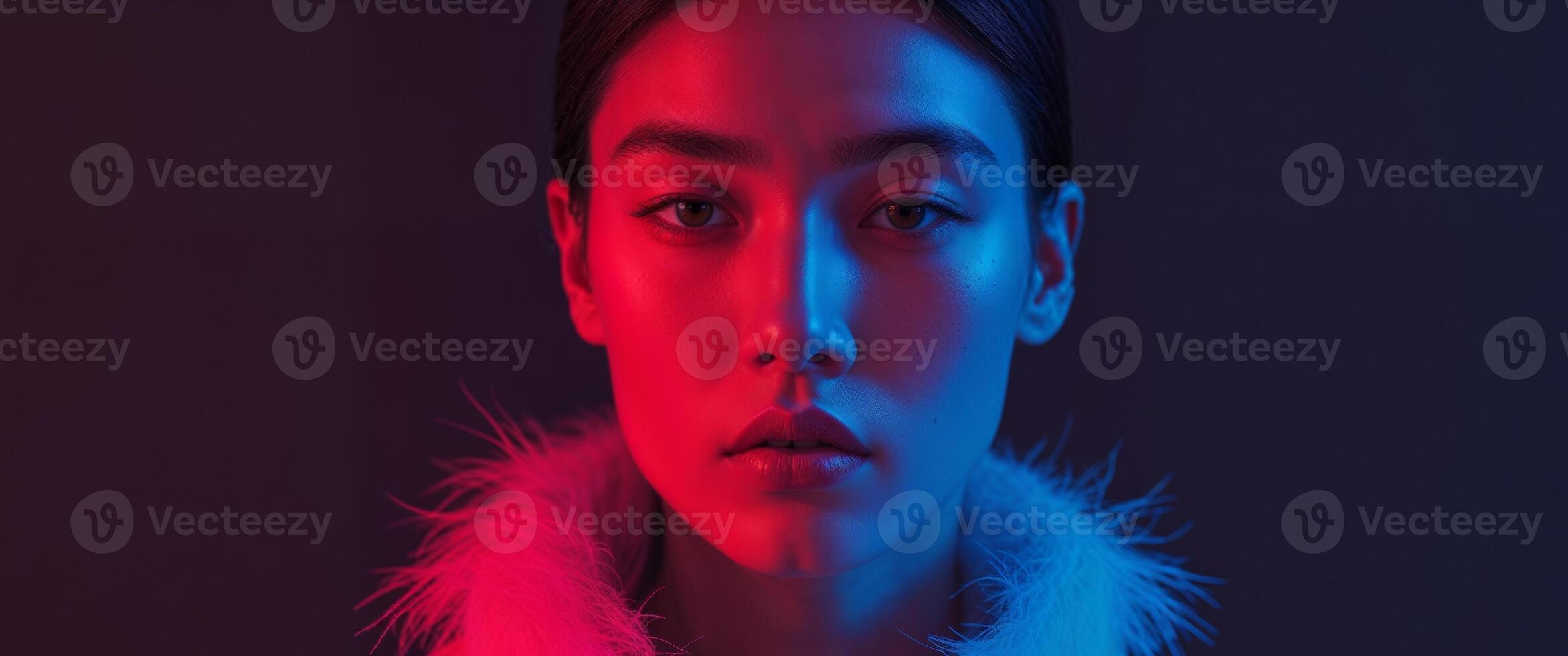 A woman with a fur collar and red and blue lights photo