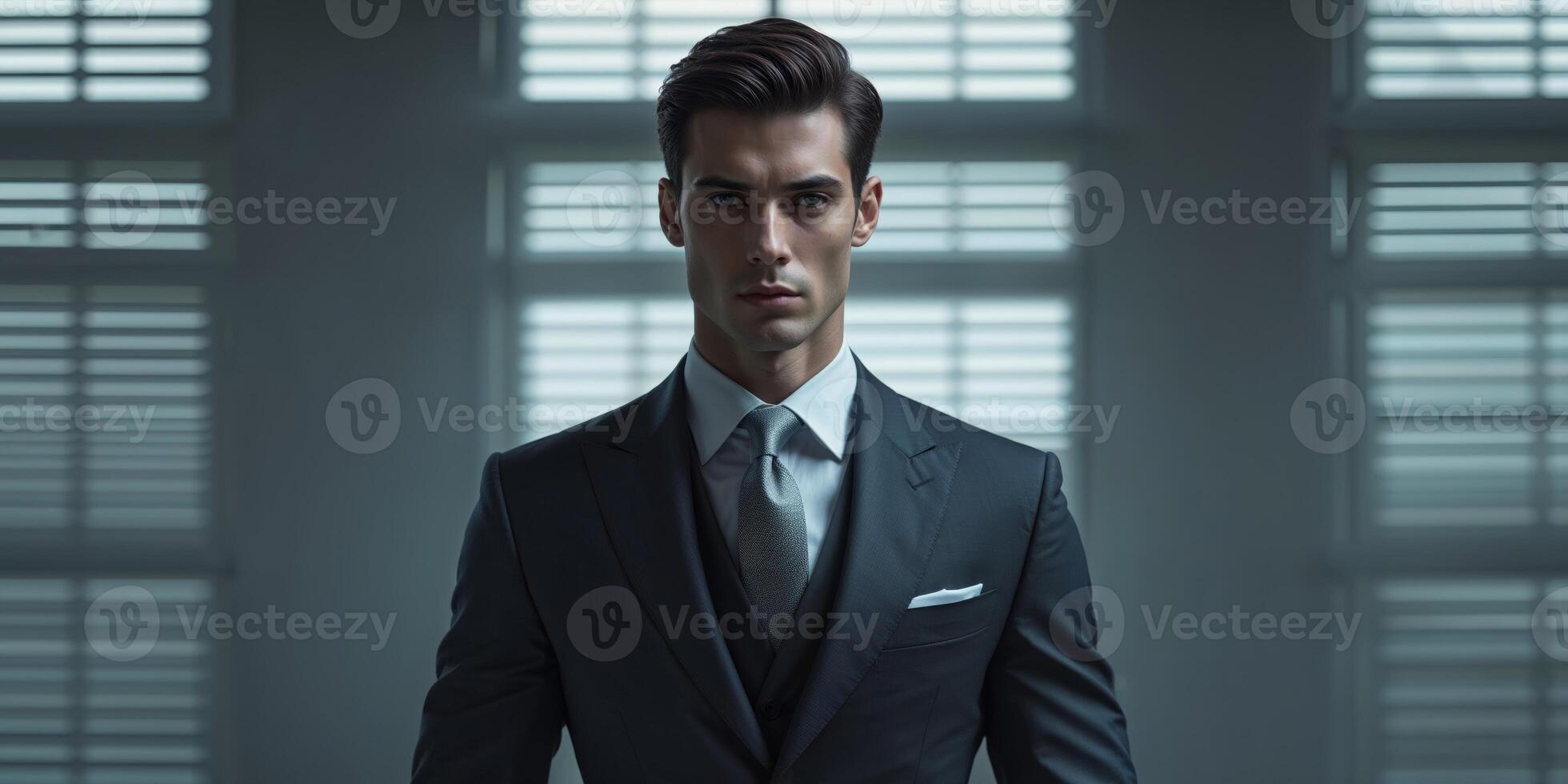 A man in a suit standing in front of a window photo