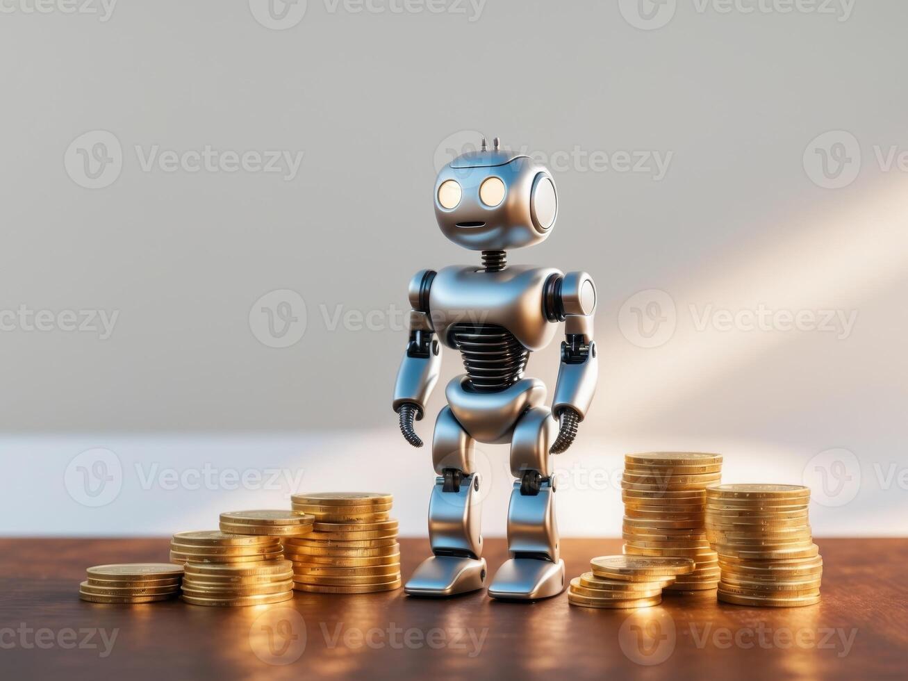 Robot Figurine Standing Beside Stacks of Gold Coins on Wooden Surface Symbolizing Future of Finance and Technology in Modern Society. photo
