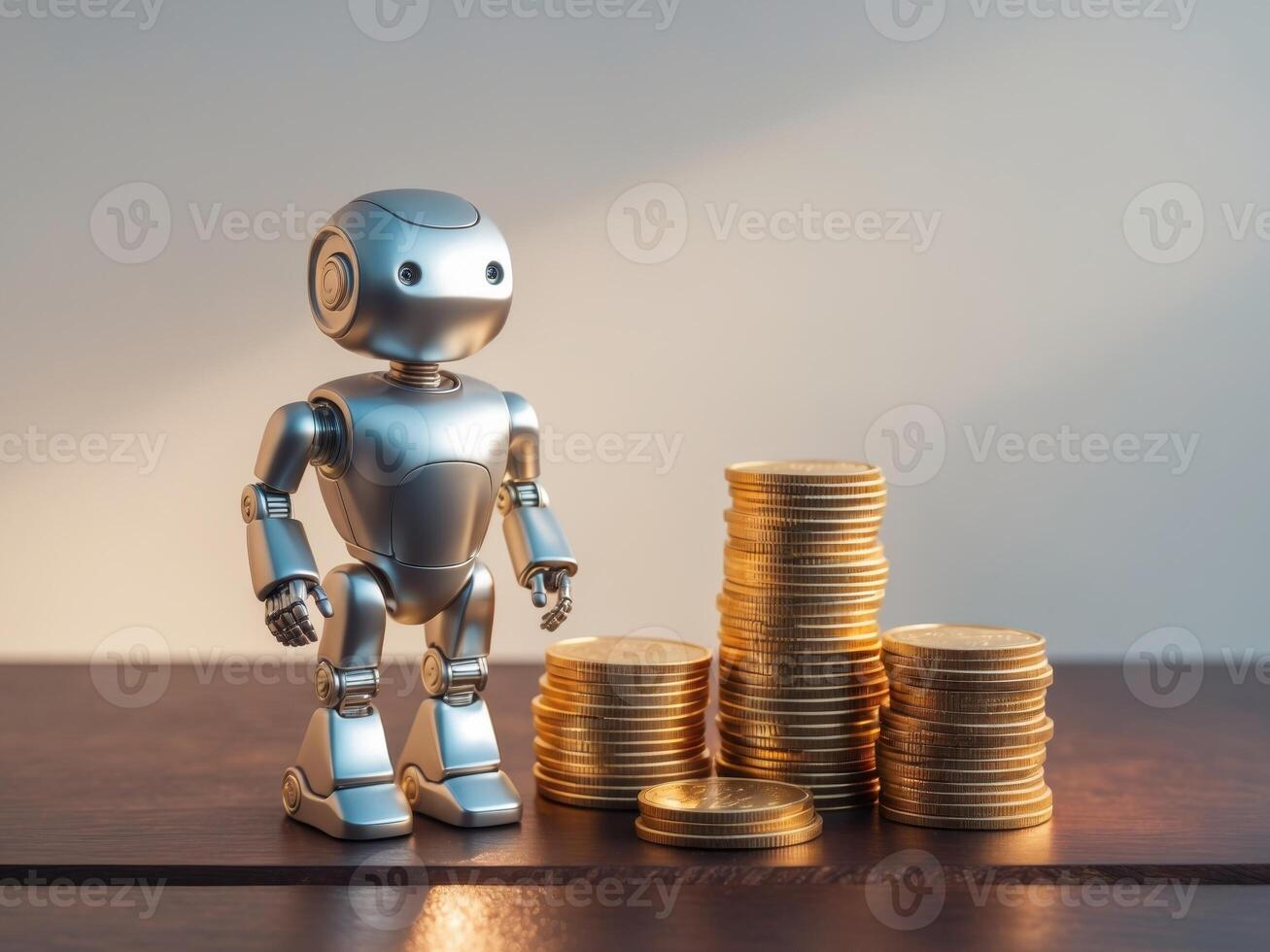 Robot Figurine Standing Beside Stacks of Gold Coins on Wooden Surface Symbolizing Future of Finance and Technology in Modern Society photo