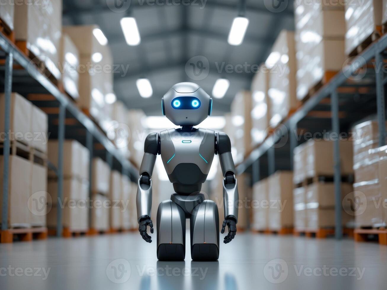 Robot performing inventory check in modern warehouse with organized shelves during daytime photo