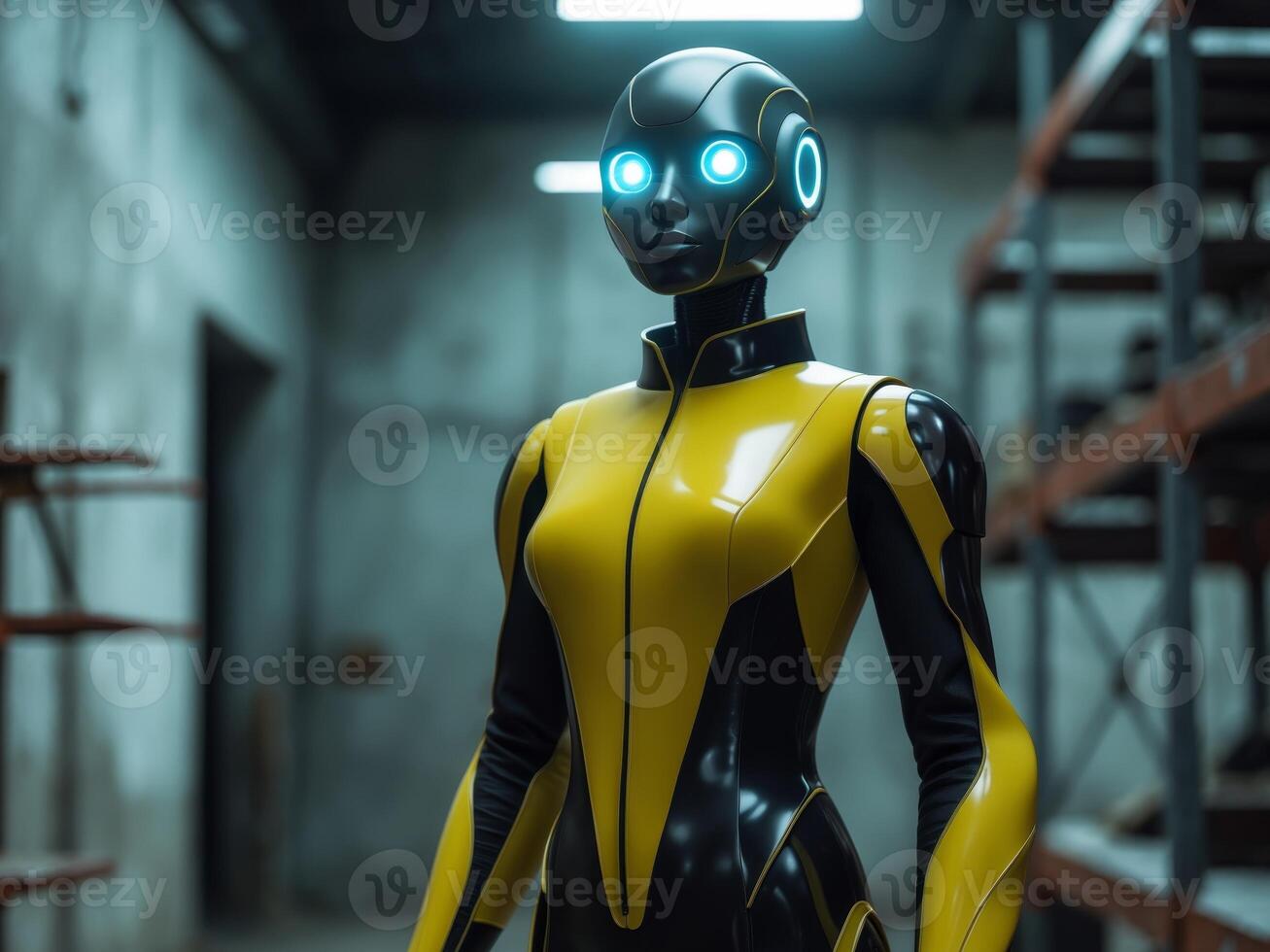 Futuristic robot character in yellow and black suit with glowing blue eyes stands in warehouse setting photo