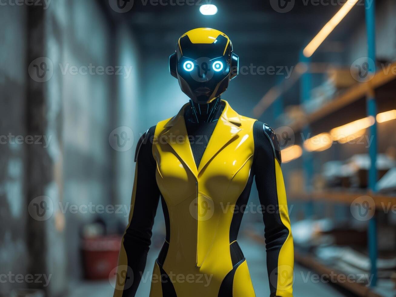 Futuristic robot character in yellow and black suit with glowing blue eyes stands in warehouse setting. photo