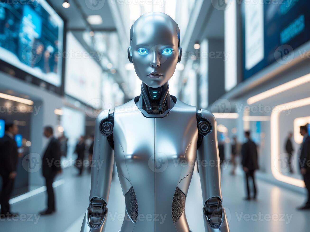 Futuristic humanoid robot with glowing eyes at a technology exhibition in a modern urban environment. photo