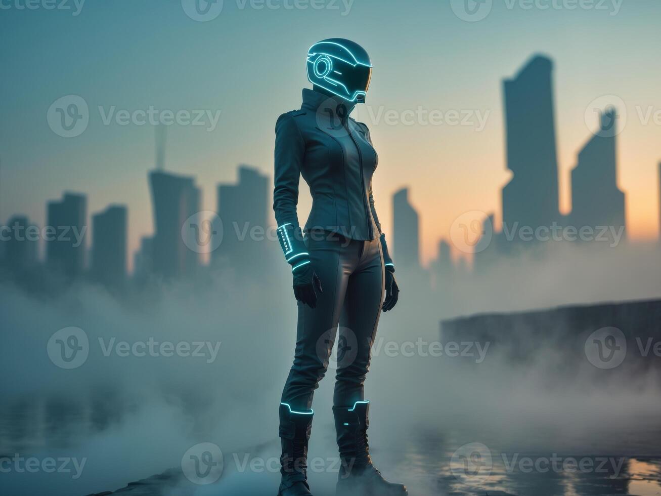Futuristic figure in a glowing helmet stands by the water in a foggy urban environment at dusk. photo