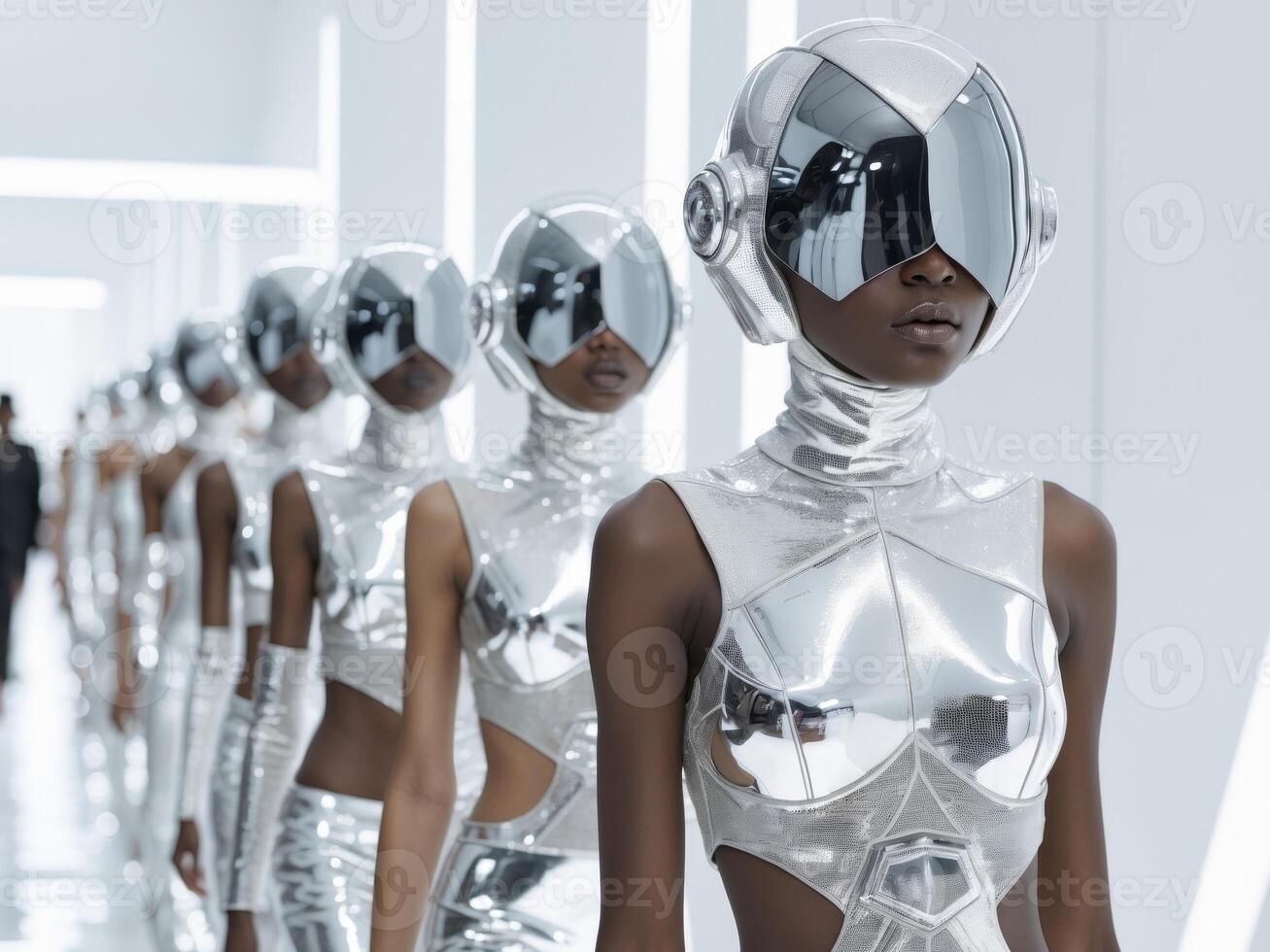 Futuristic fashion runway featuring models in metallic outfits and helmets during a stylish event. photo