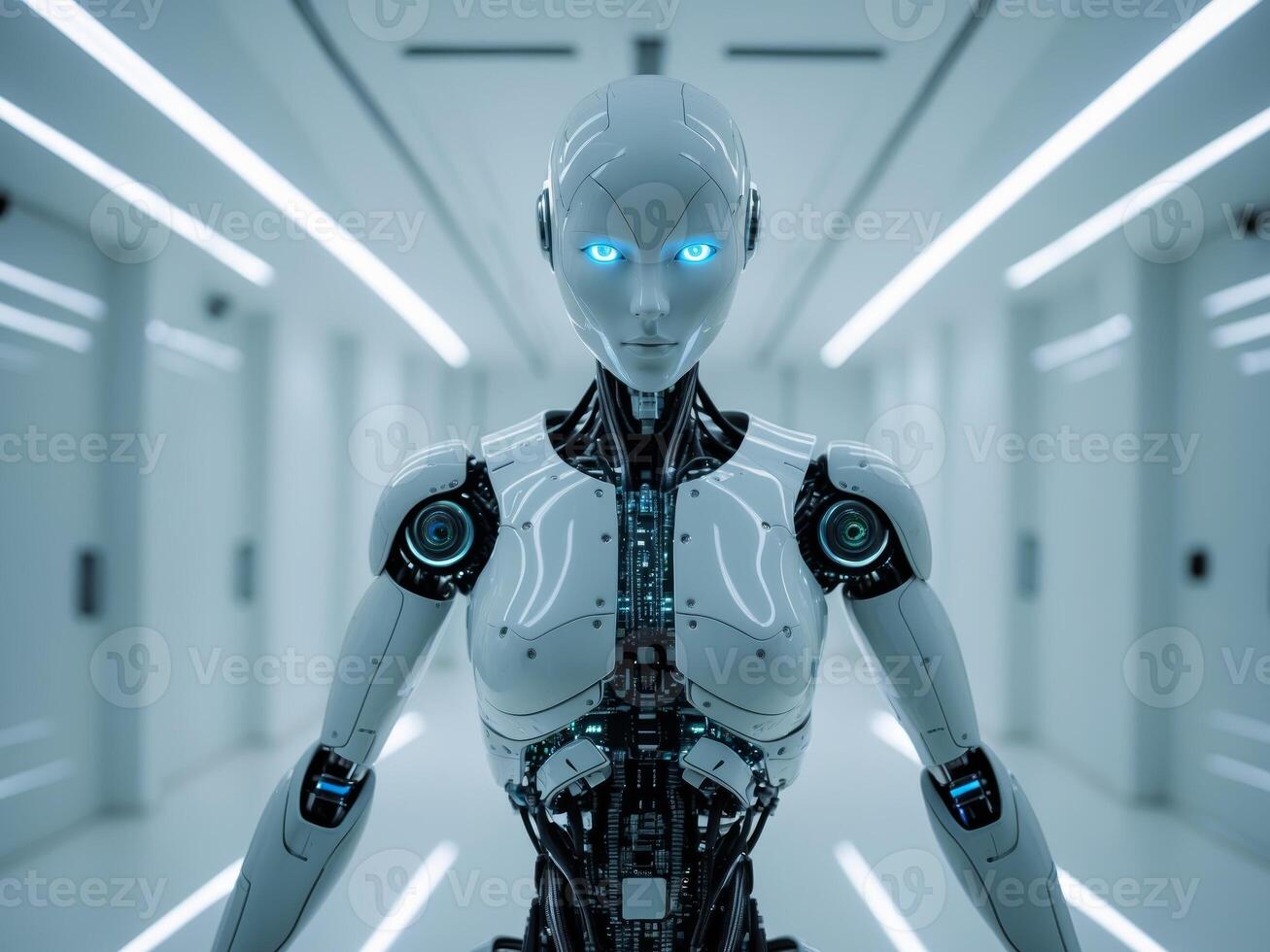 Futuristic humanoid robot with glowing blue eyes and advanced technology features in a modern setting photo