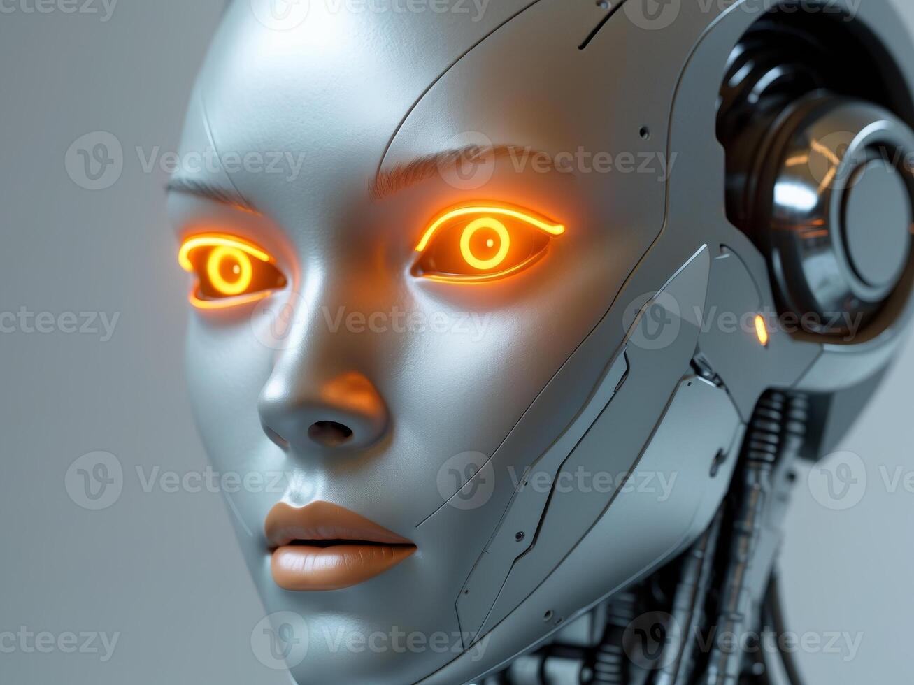 Futuristic Cyborg Female Robot Head with Glowing Orange LED Eyes Close up photo