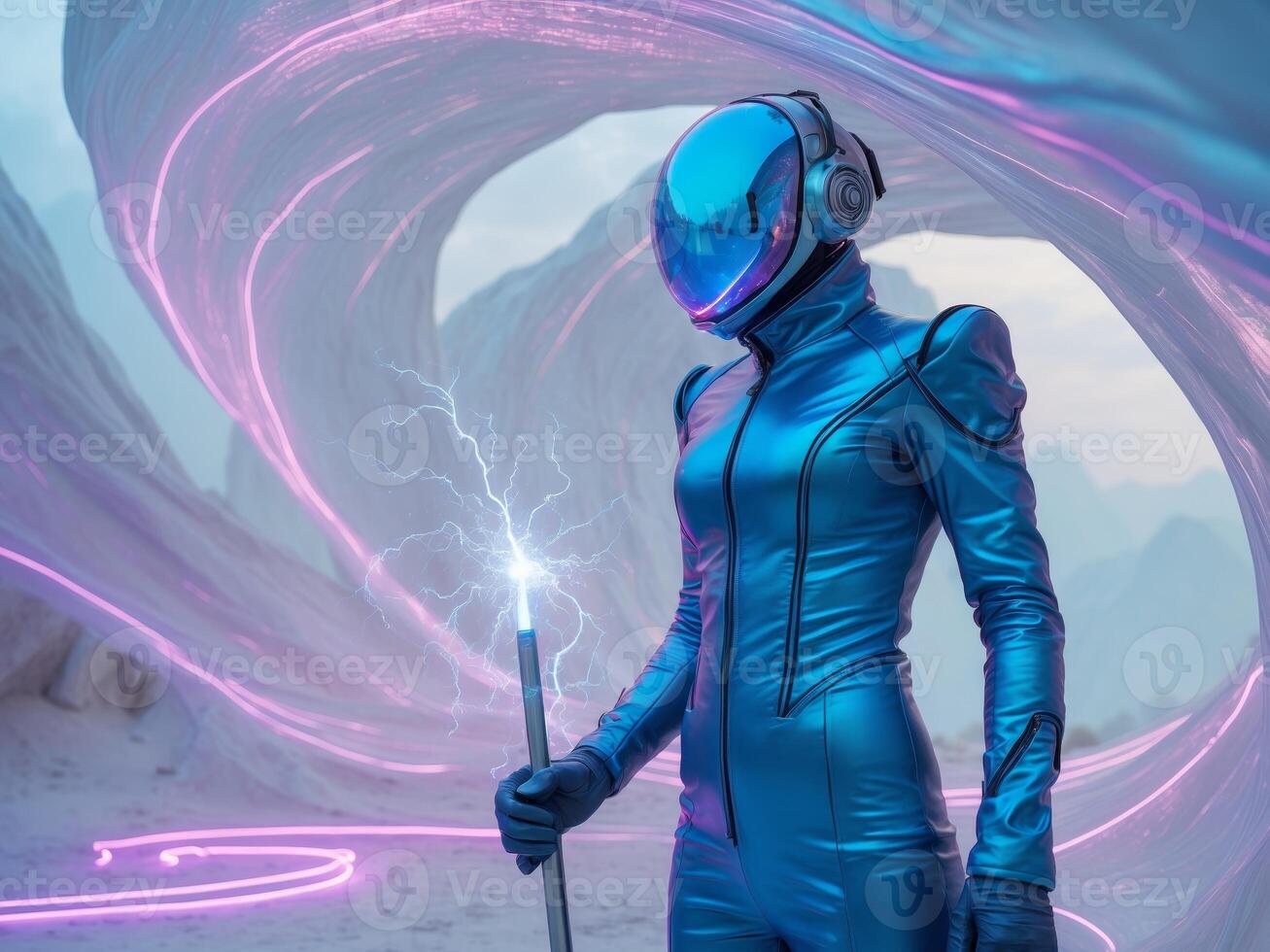 Explorer in extraterrestrial world entering celestial time warp. photo