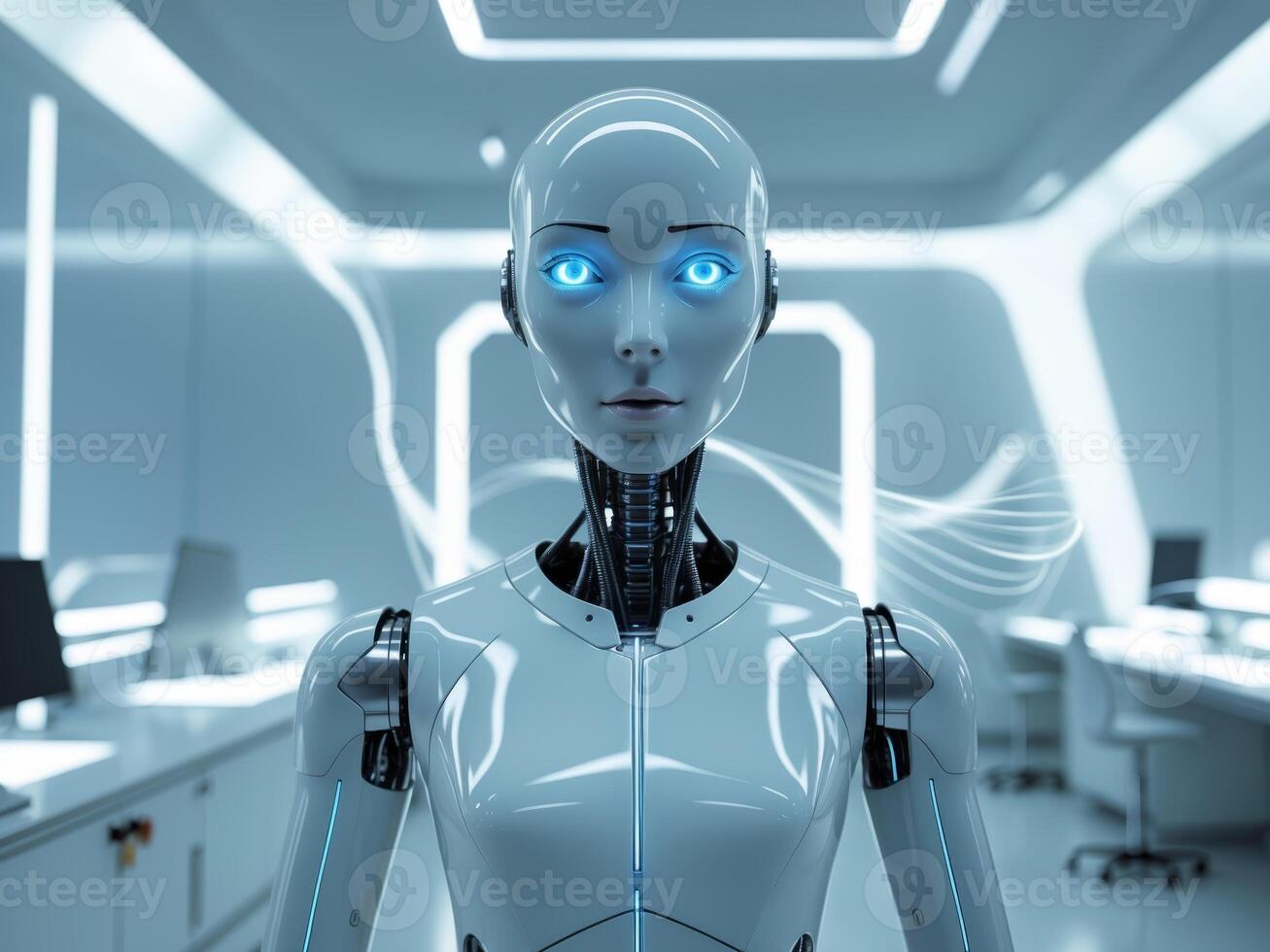 Advanced humanoid robot with glowing blue eyes in a futuristic lab setting. photo