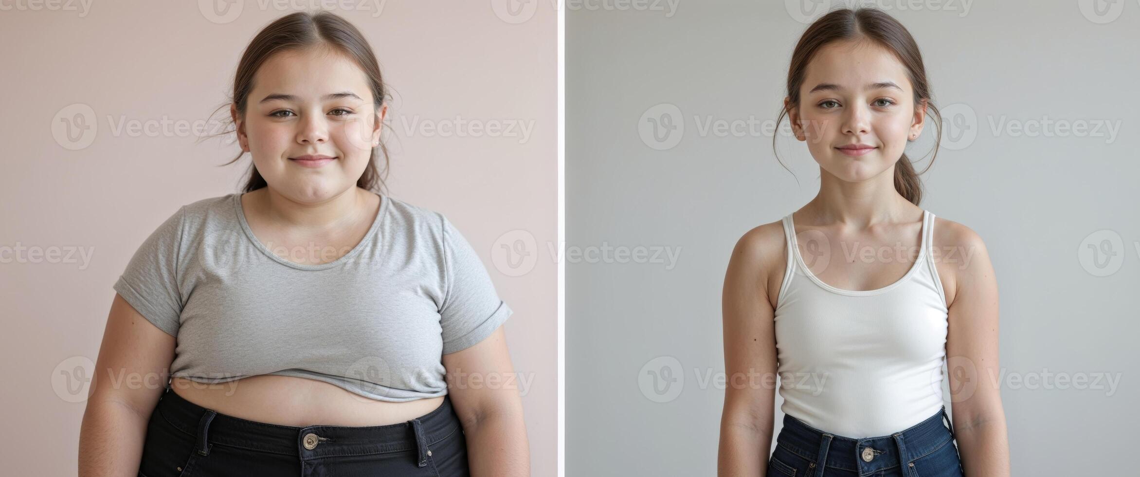 Young girl before and after success weight loss transformation photo