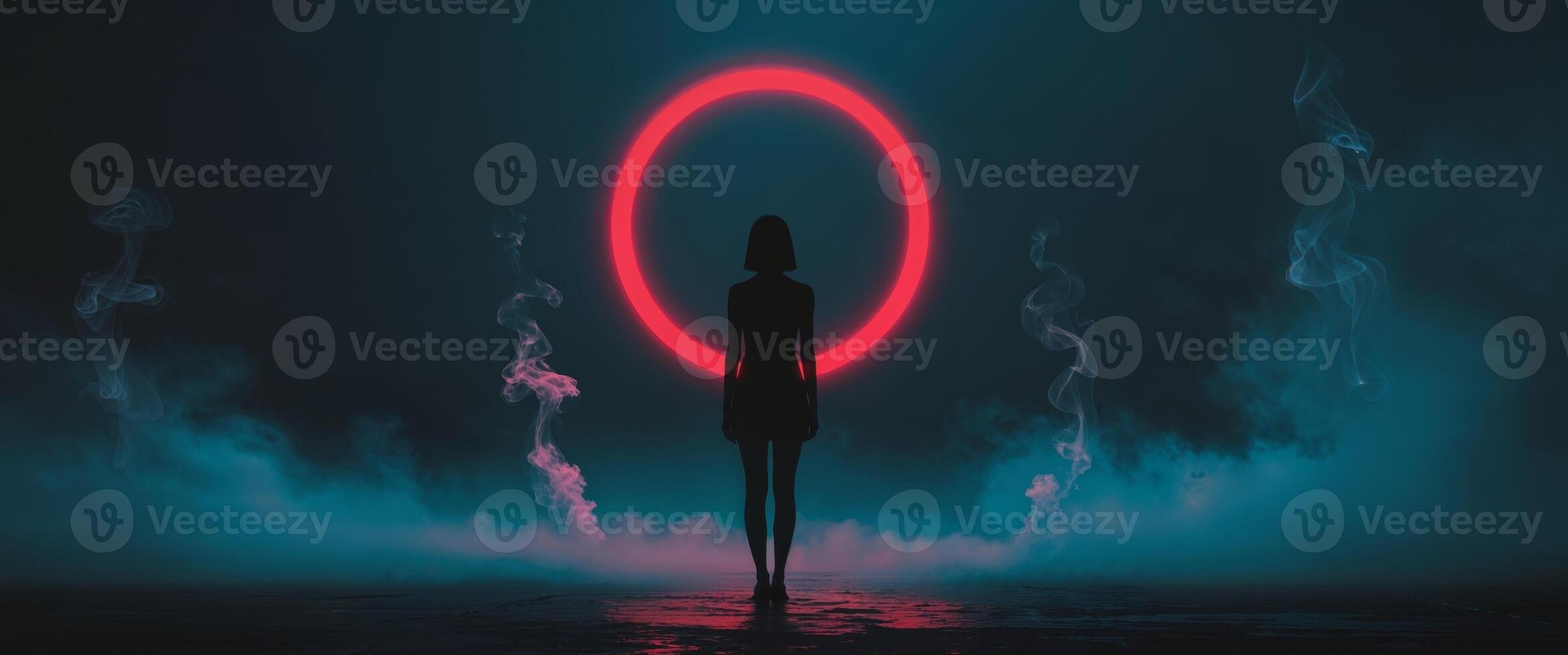 Silhouetted Female Figure Standing Before Neon Red Circle Amidst Blue Smoke in Dark Mysterious Atmospheric Setting at Night. photo