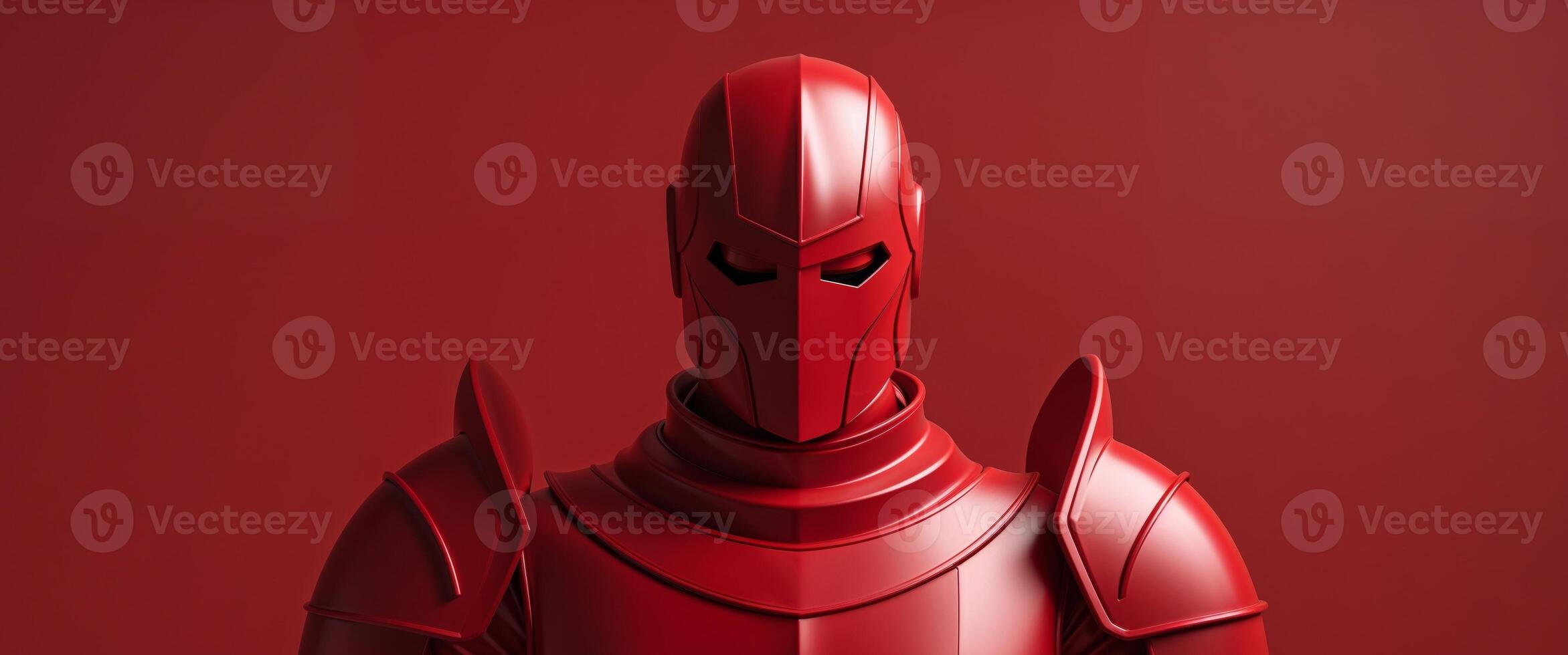 Red Armored Figure Standing Before a Red Background. photo