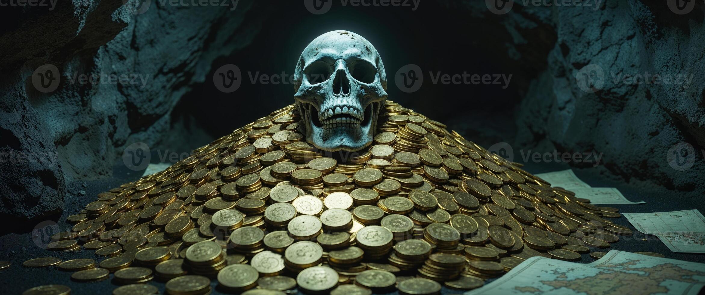 Pirate skull emerging from a treasure pile of gold coins in a dimly lit cave setting. photo