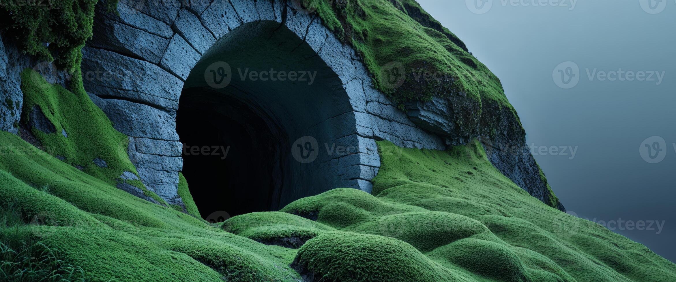 Illuminated Stone Cave Entrance in Mossy Hillside. photo