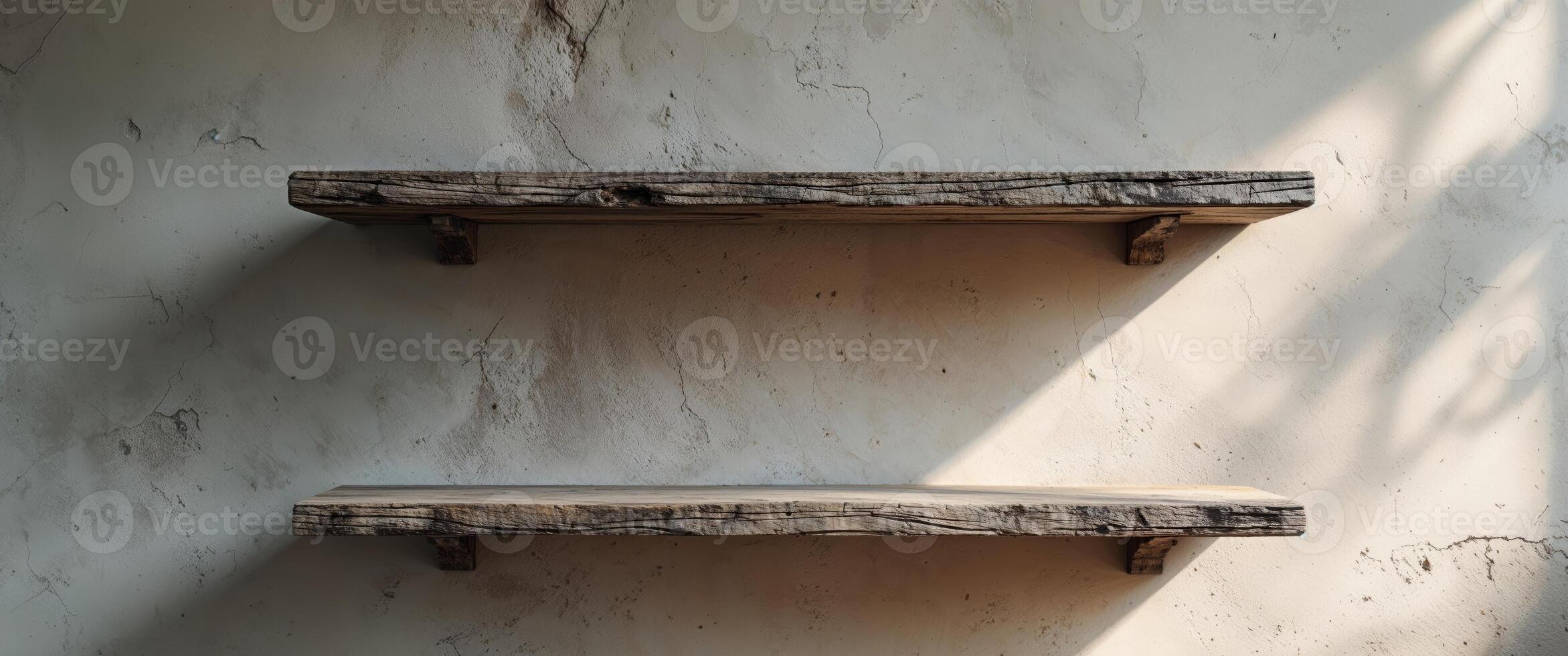 Empty wooden shelf projecting from textured wall providing copy space. photo