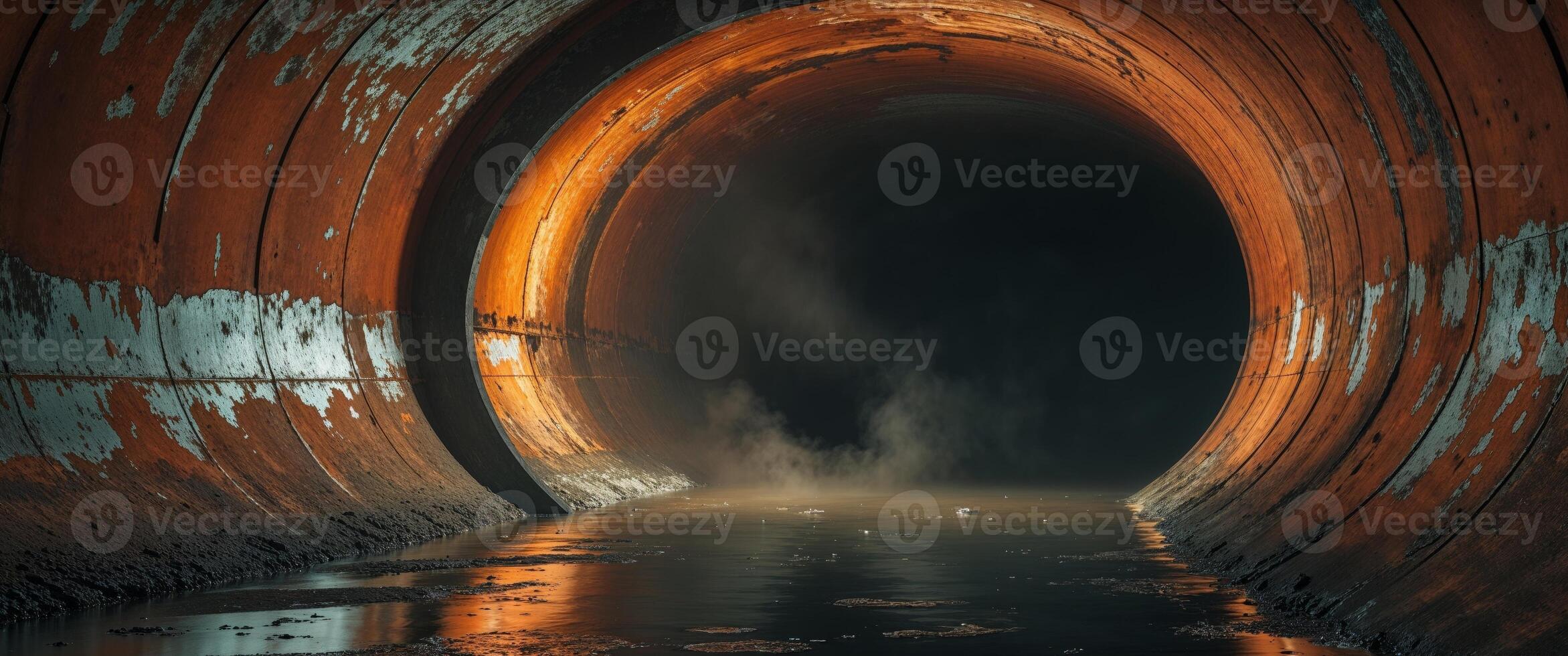 A rusted orange industrial tunnel with water reflecting golden light leading to a dark opening in a moody setting photo
