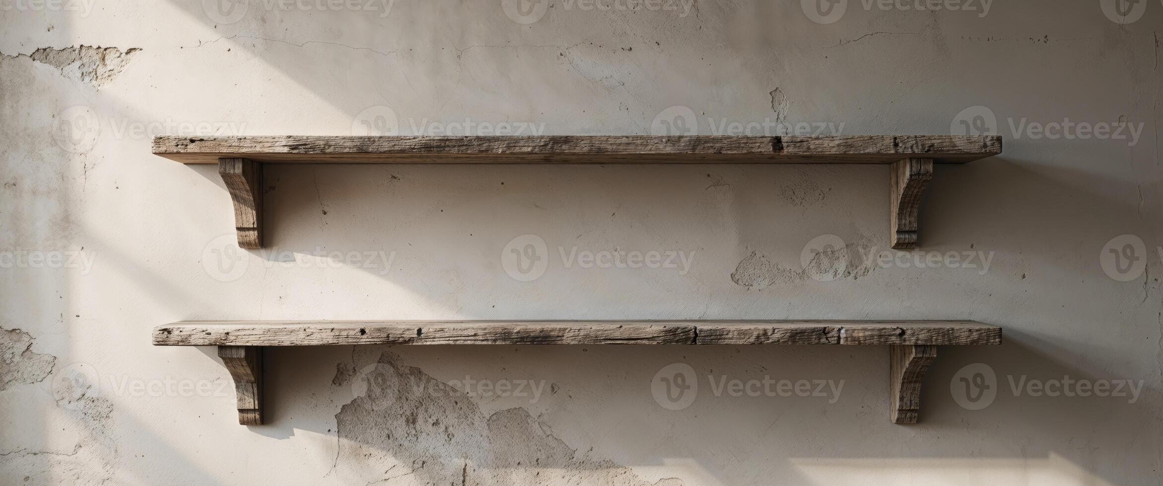 Empty wooden shelf projecting from textured wall providing copy space photo