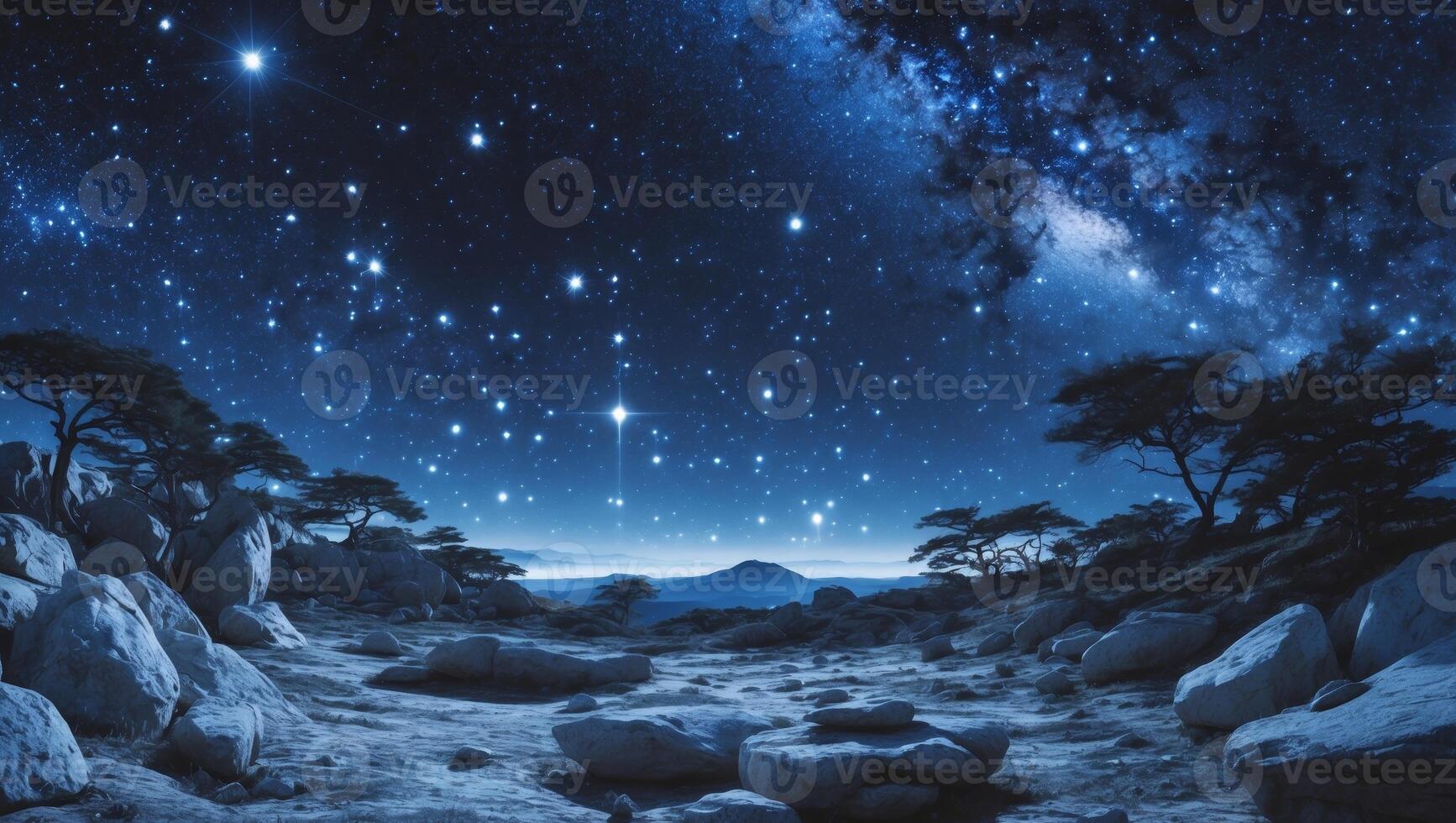 A celestial panorama shows a rocky landscape under a starry night photo