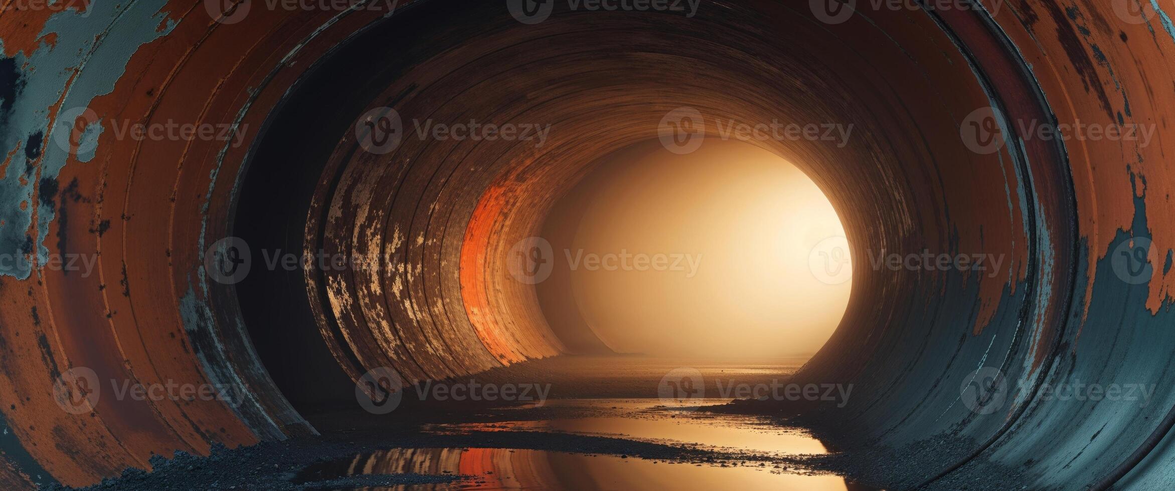 A rusted orange industrial tunnel with water reflecting golden light leading to a dark opening in a moody setting. photo