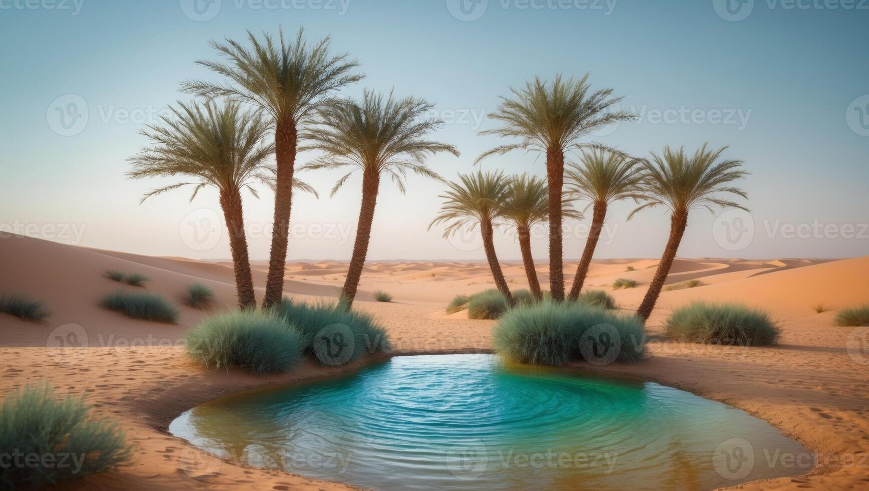 A small pool in the desert with palm trees photo