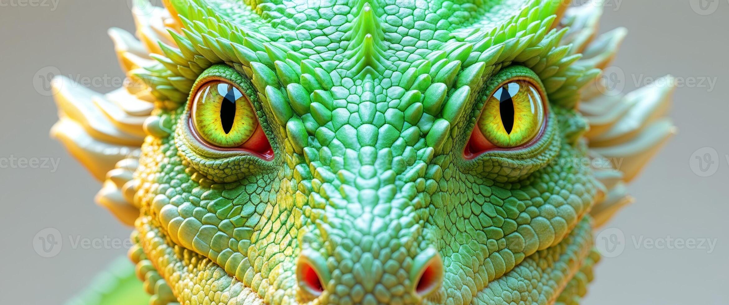 A close up of a green dragon's face photo