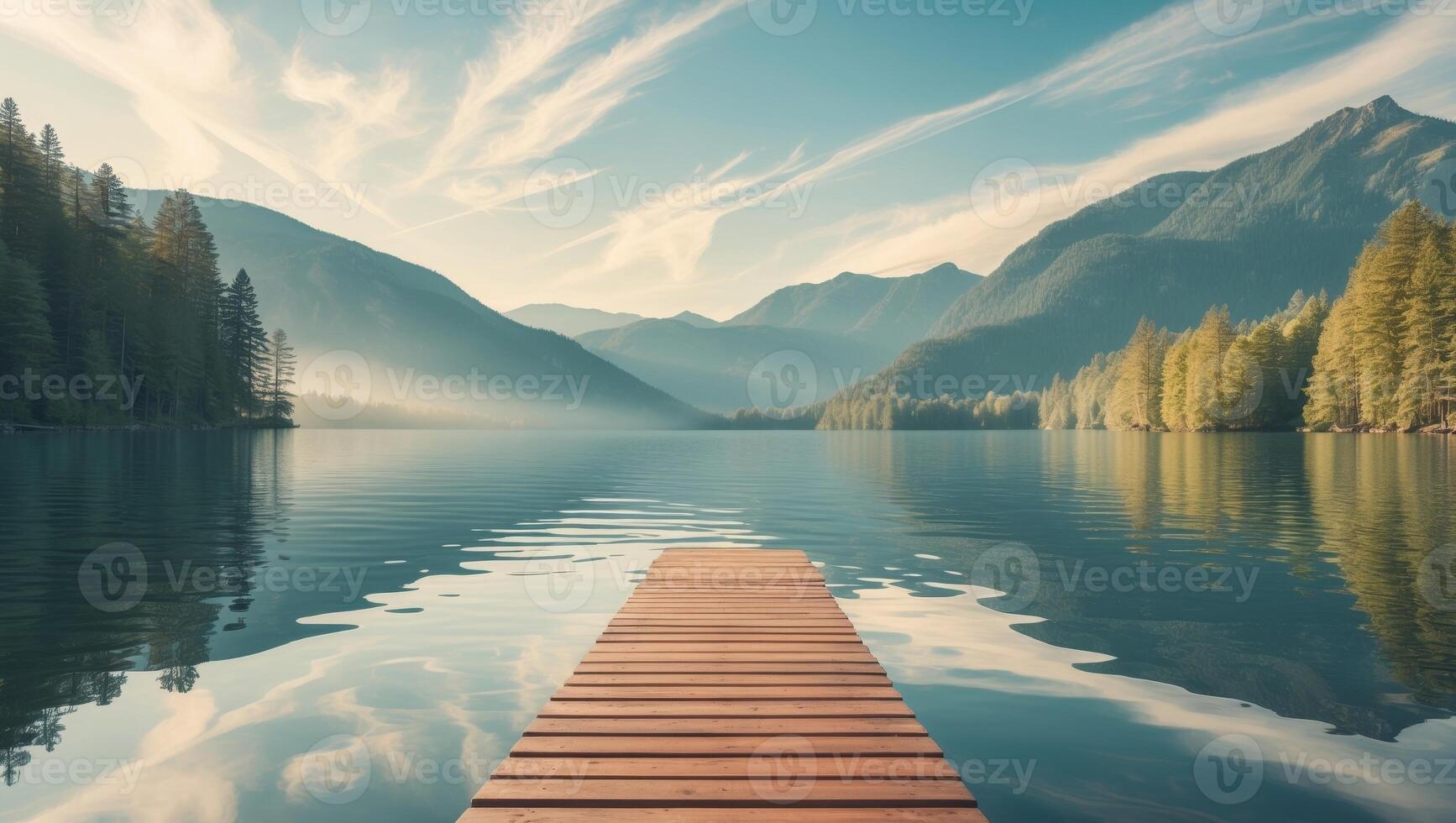 Wooden dock centered in a pristine lake surrounded by stunning natural scenery photo