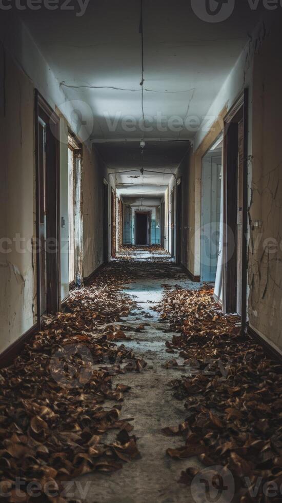 An empty hallway with leaves on the floor photo