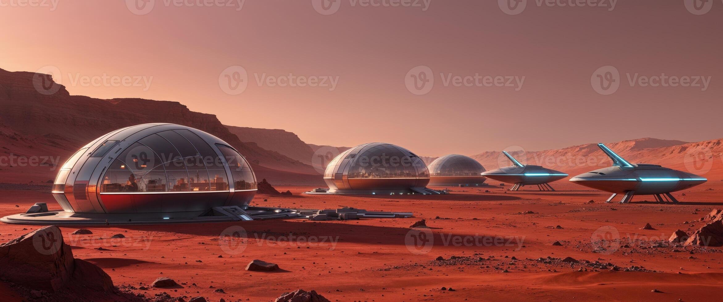 A martian colony featuring dome habitats amidst red desert landscapes and nearby spaceships. photo