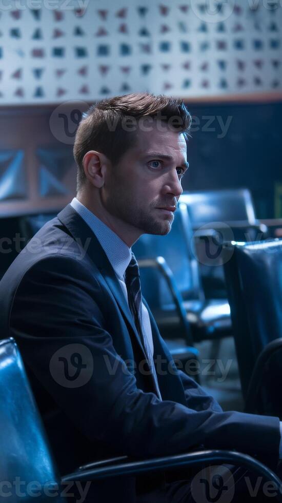 A man in a suit and tie sitting in a chair photo