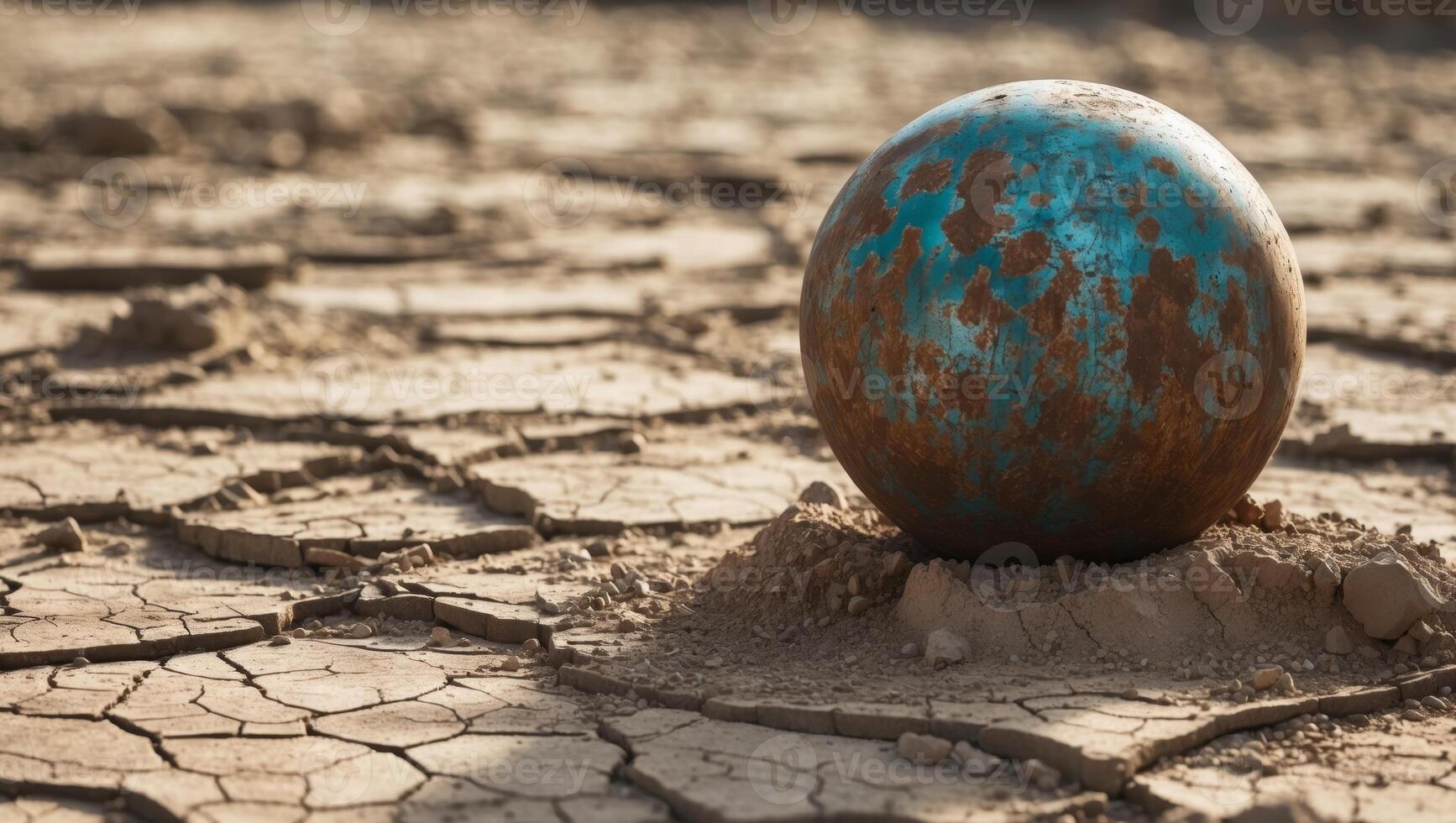 The image shows a rusty metal ball sitting on top of a dirt ground photo