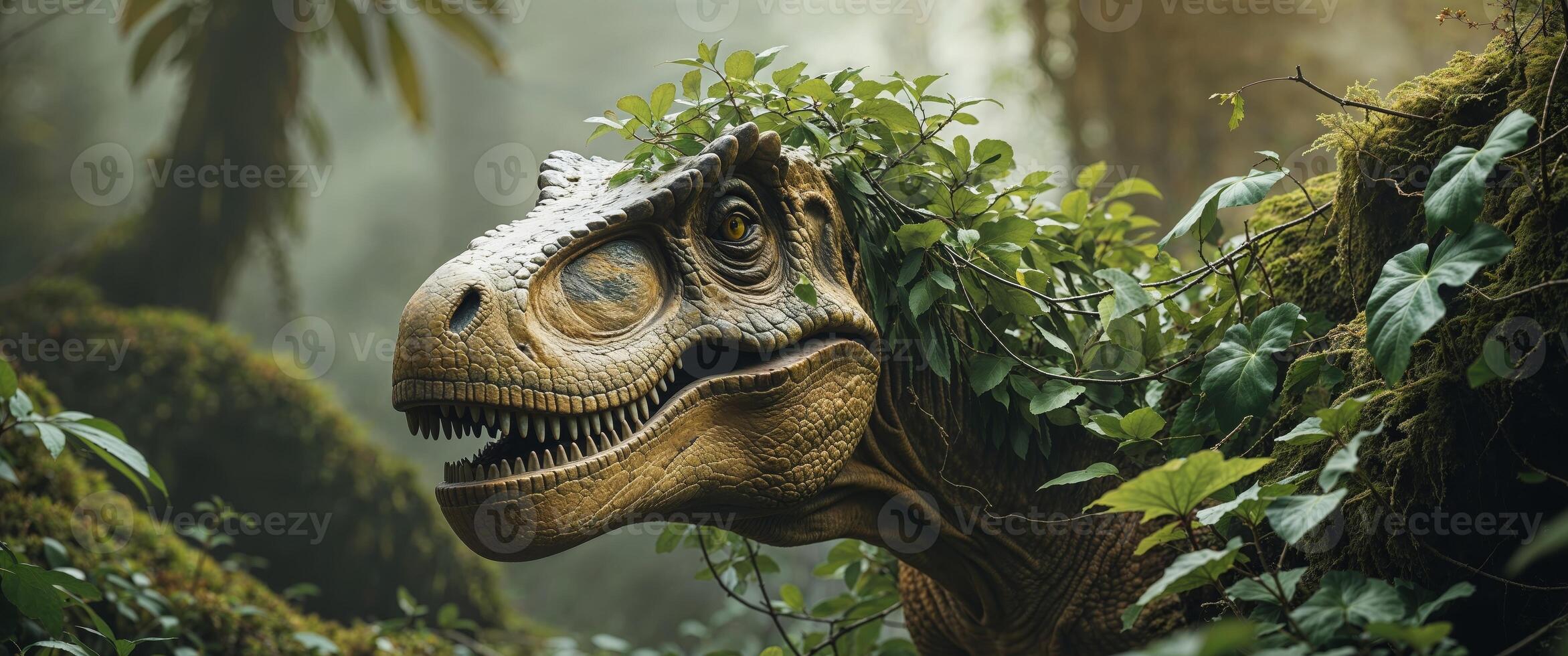 Close up of a large dinosaur head hidden in lush greenery. photo