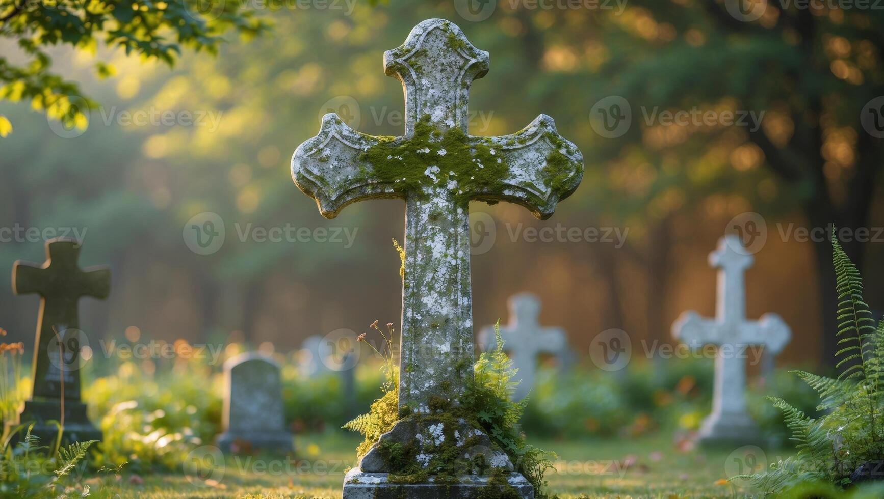 Weathered stone cross gravestone in tranquil cemetery setting with lush green surroundings. photo